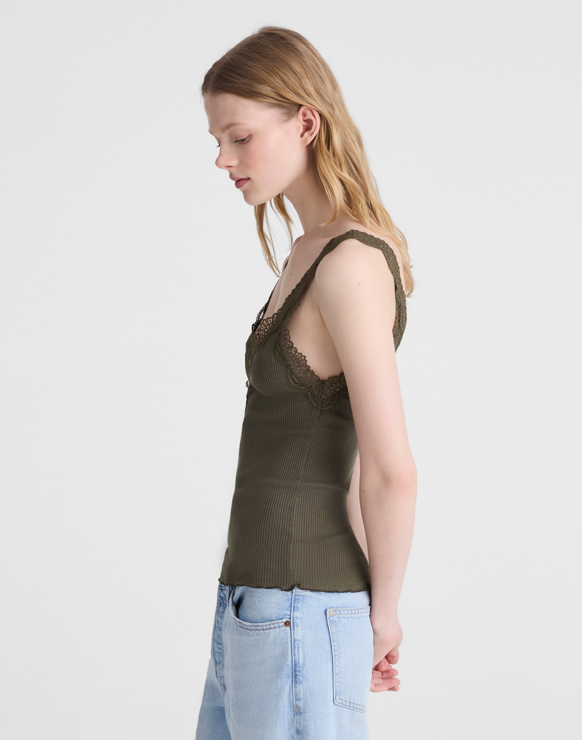 Lace-Trim Ribbed V-Neck Tank