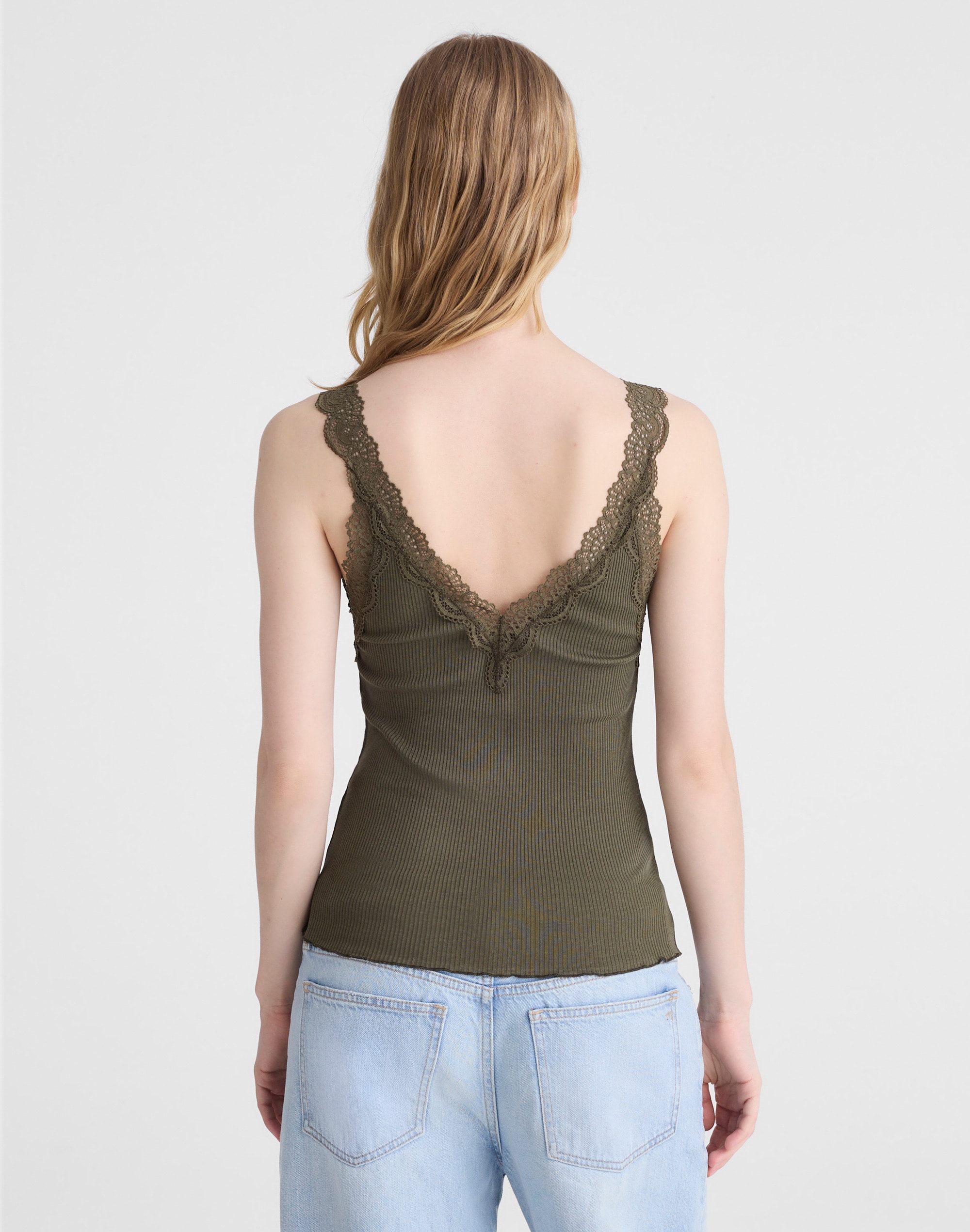 Lace-Trim Ribbed V-Neck Tank