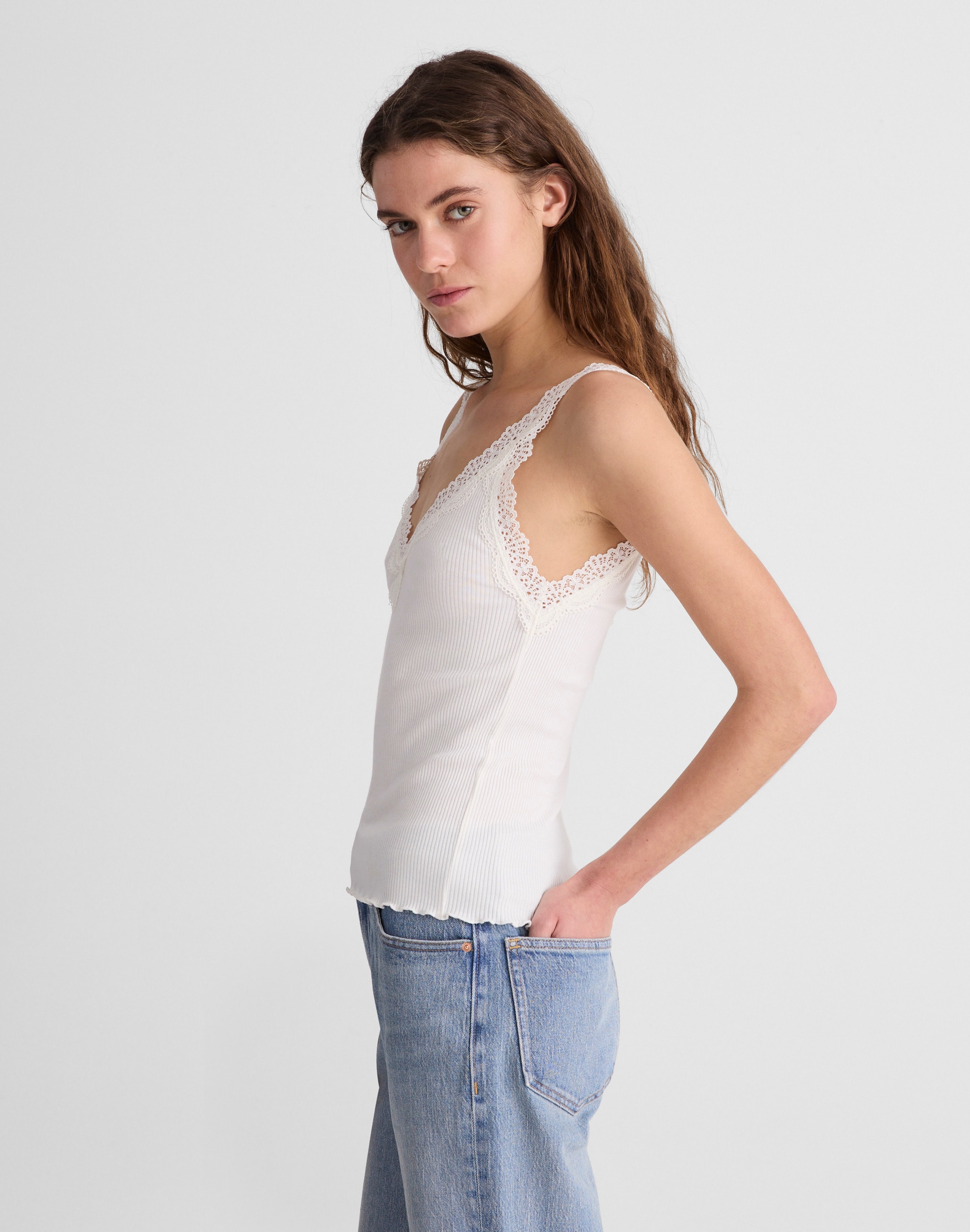 Lace-Trim Ribbed V-Neck Tank