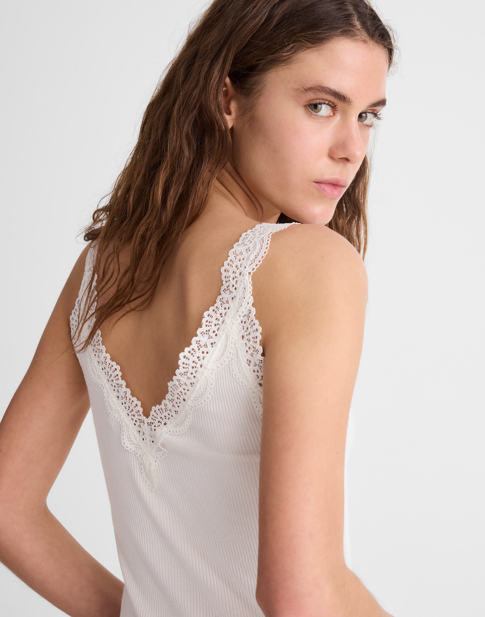 Lace-Trim Ribbed V-Neck Tank