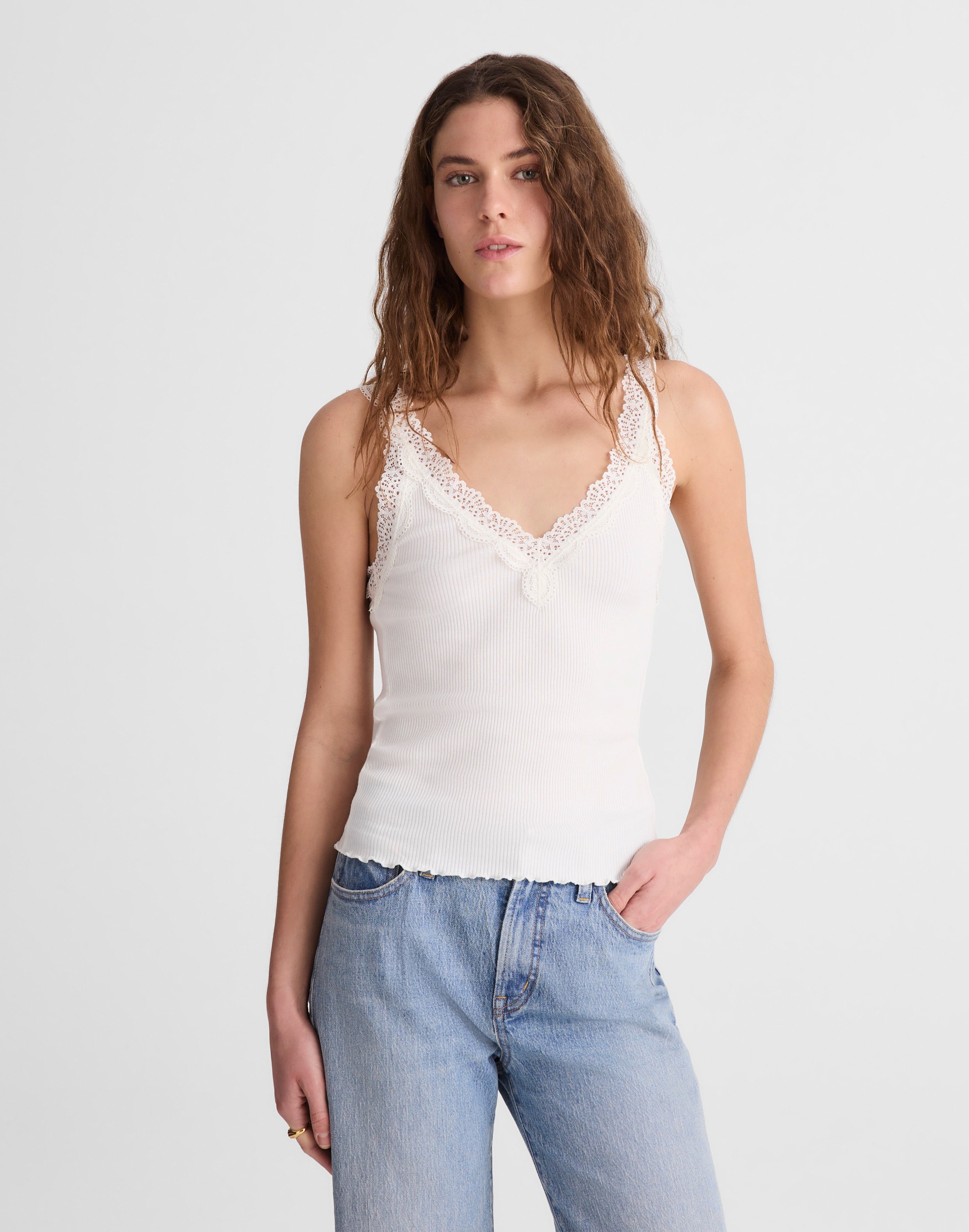 Lace-Trim Ribbed V-Neck Tank