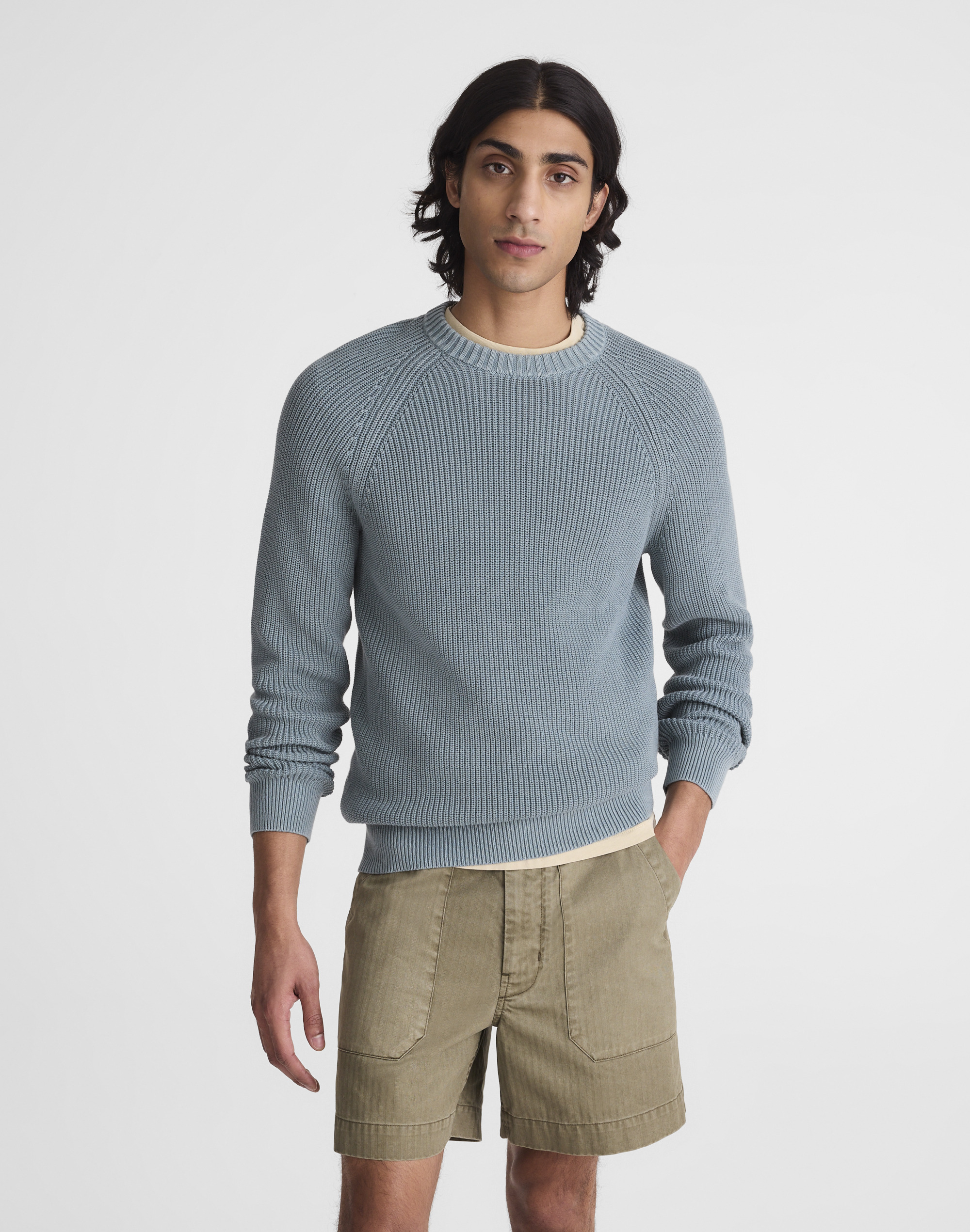 Cotton Shaker-Stitch Crewneck Sweater