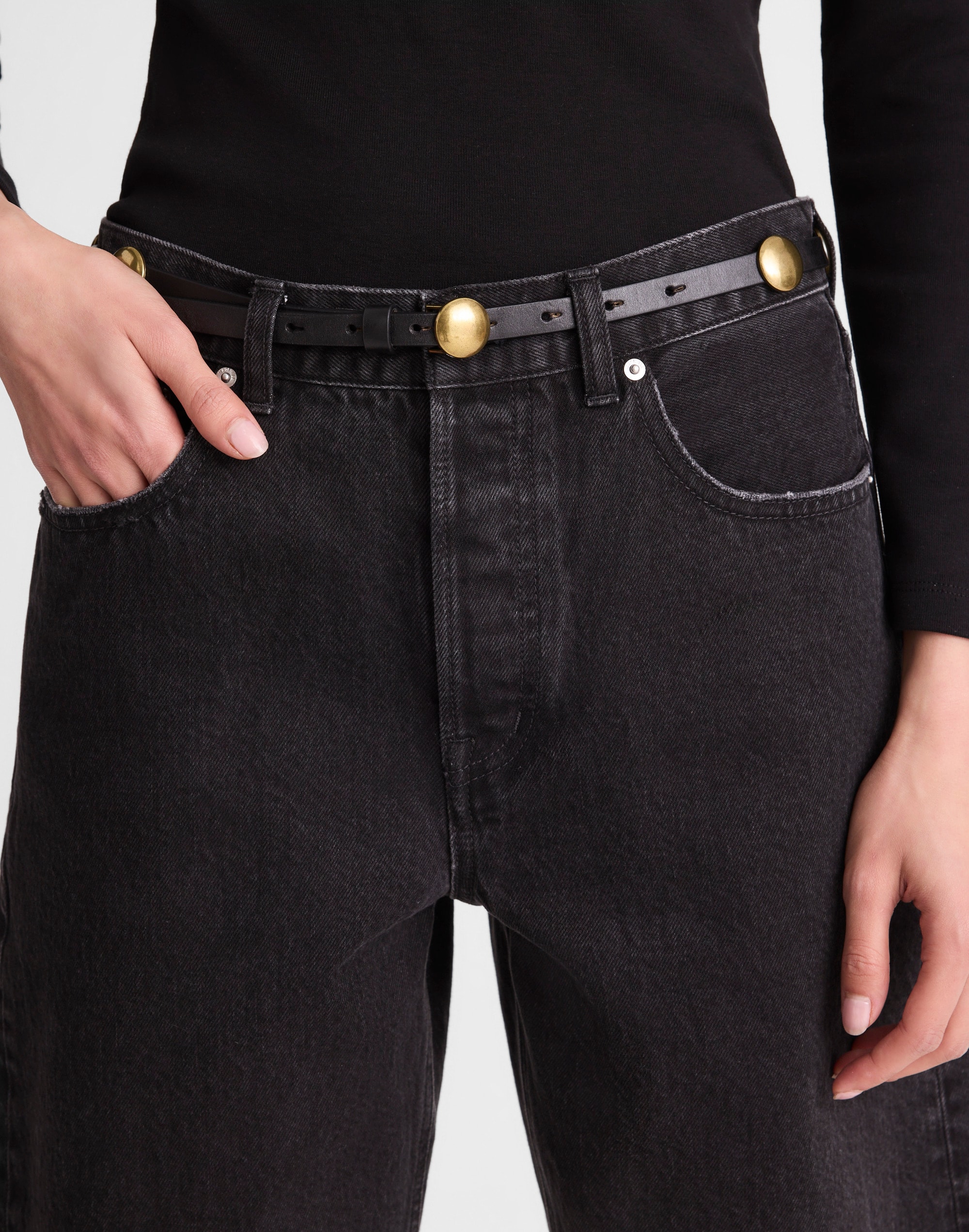 Dome-Studded Skinny Belt in Leather