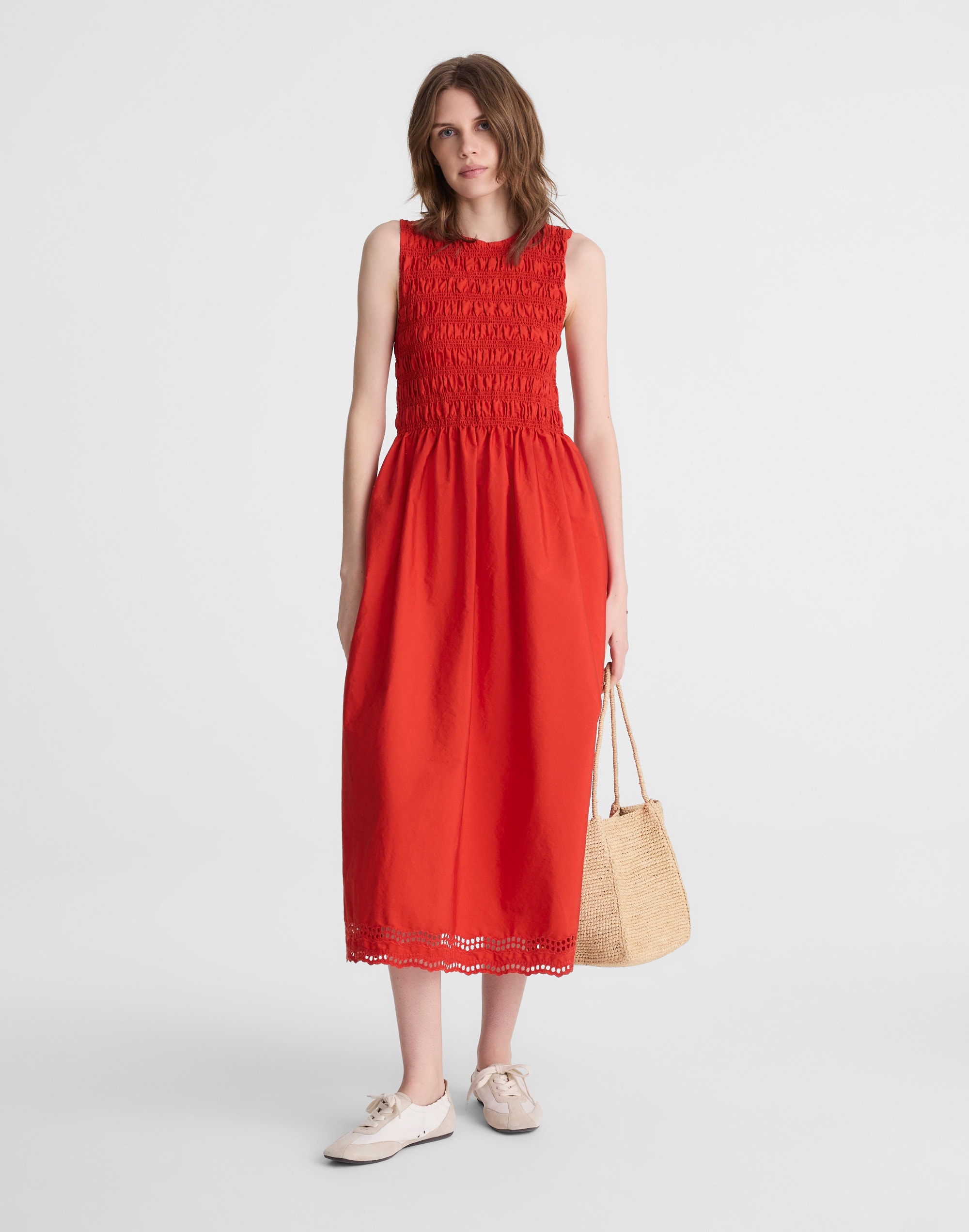 the embroidered melody smocked midi dress