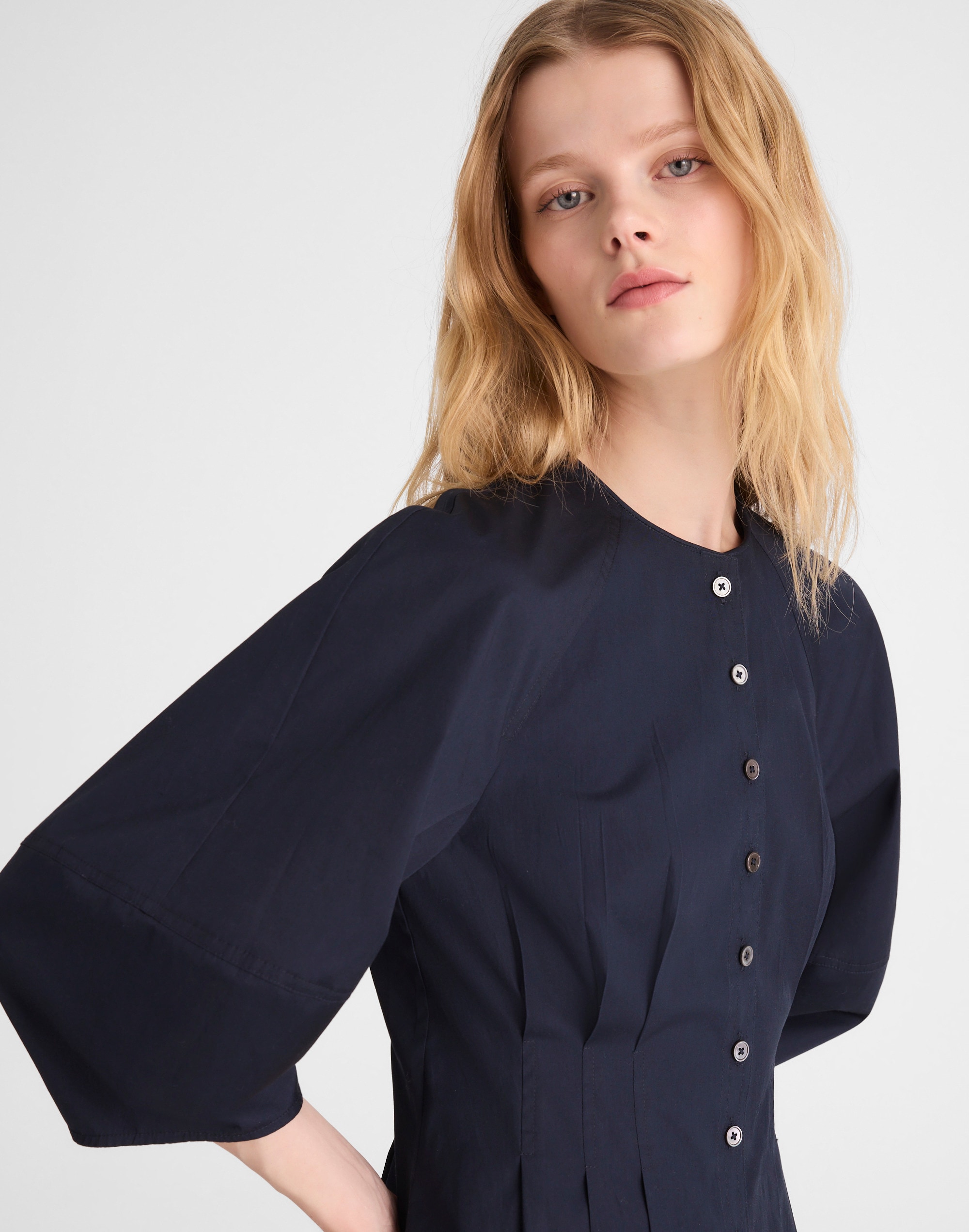 Sculptural-Sleeve Pleated Mini Dress