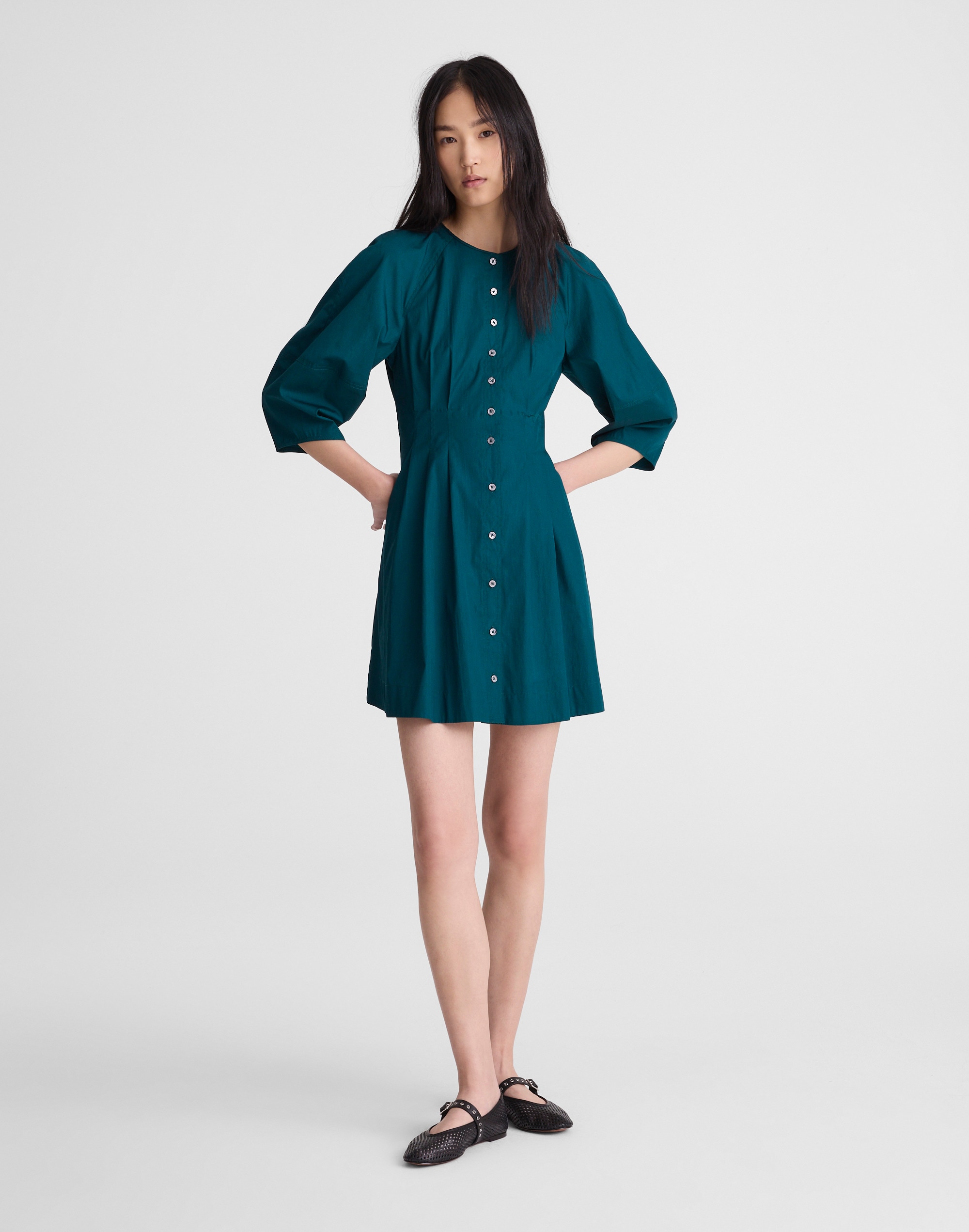 Sculptural-Sleeve Pleated Mini Dress