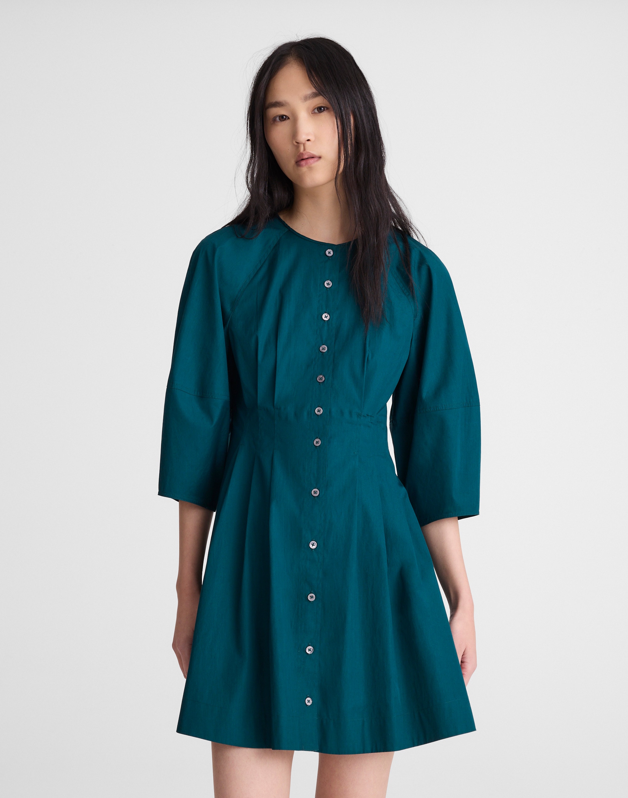 Madewell Sculptural-sleeve Pleated Mini Dress In Green