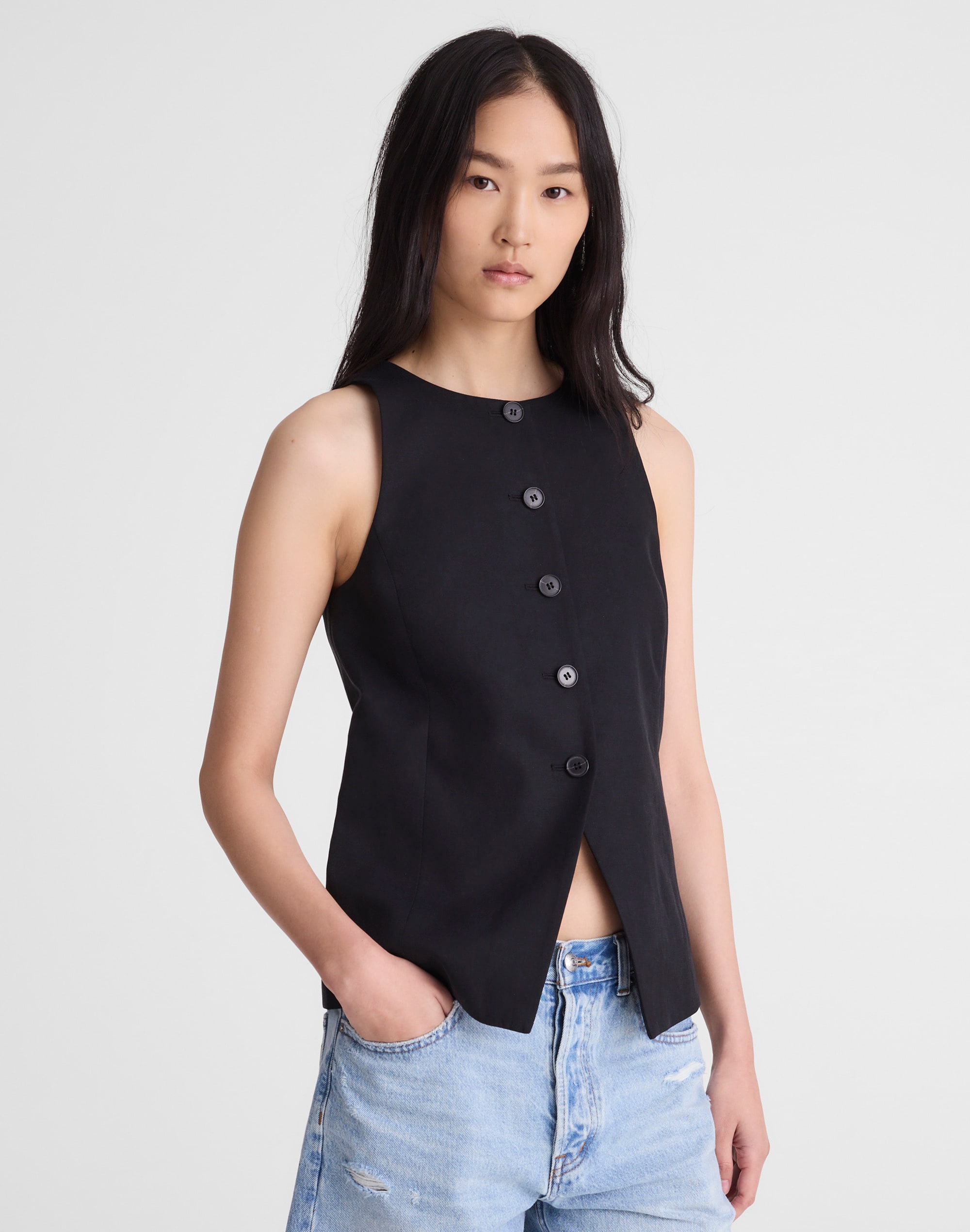 crewneck cutaway vest in drapey twill