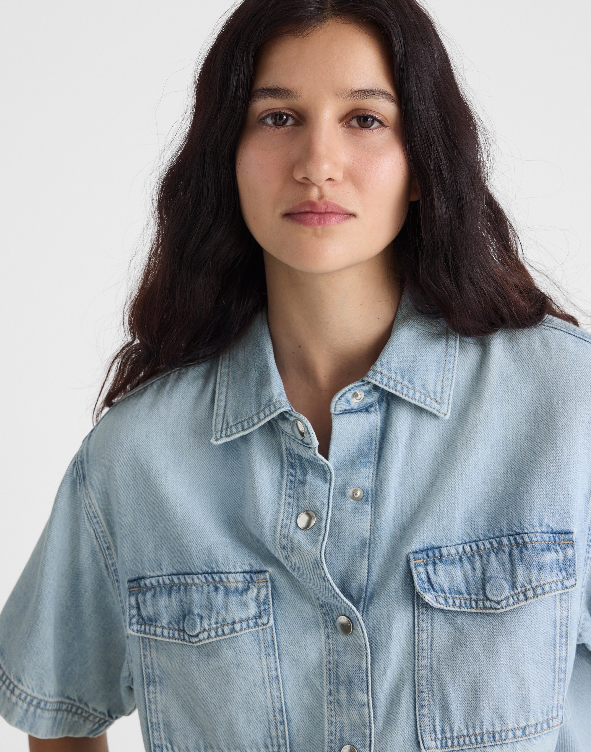Airy Denim Utility-Pocket Shirt in Foster Wash