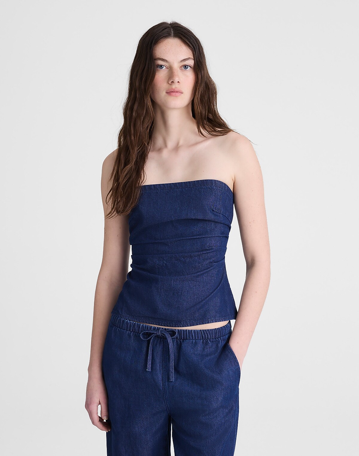 Airy Denim Ruched Squareneck Tank