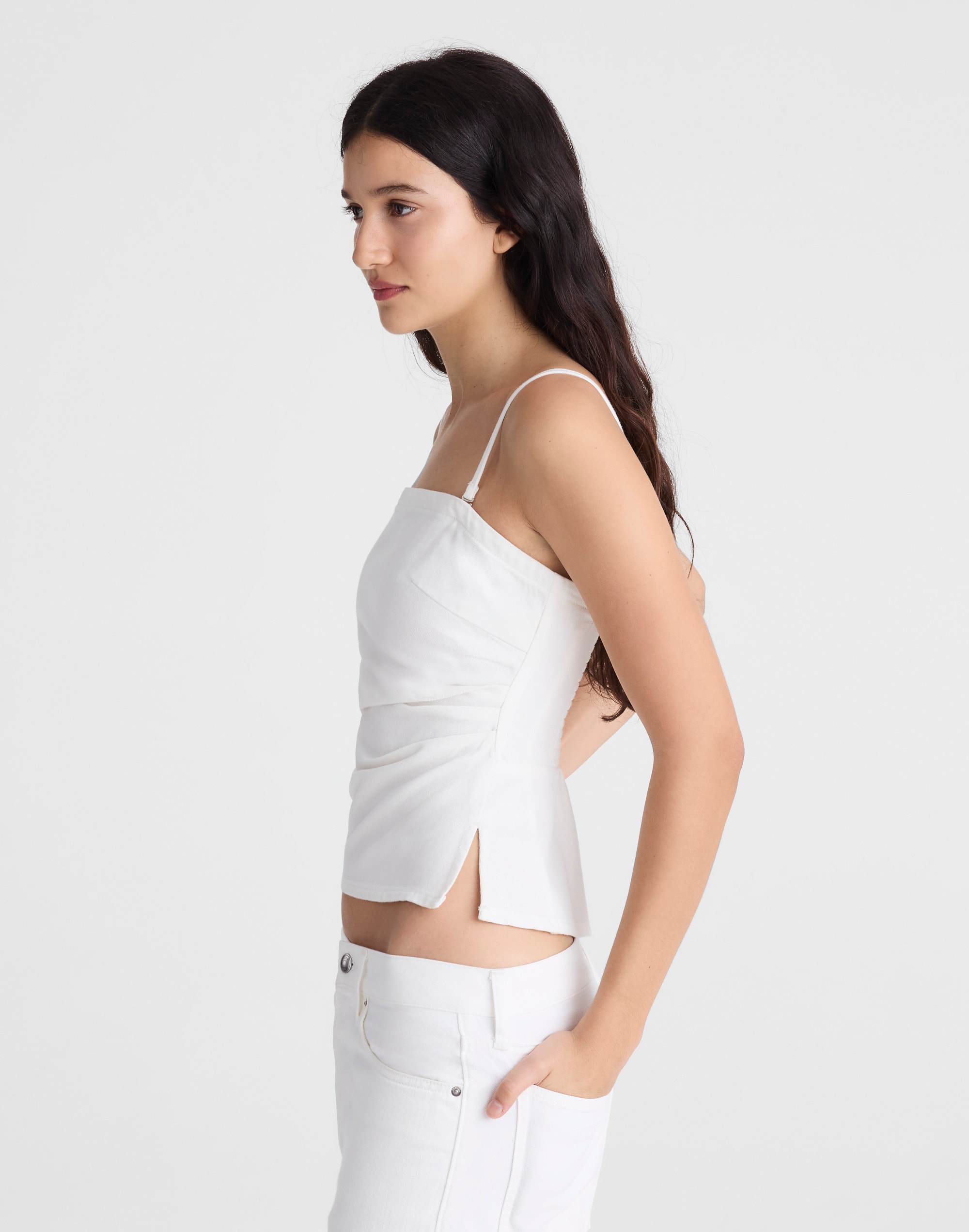 Airy Denim Ruched Squareneck Tank