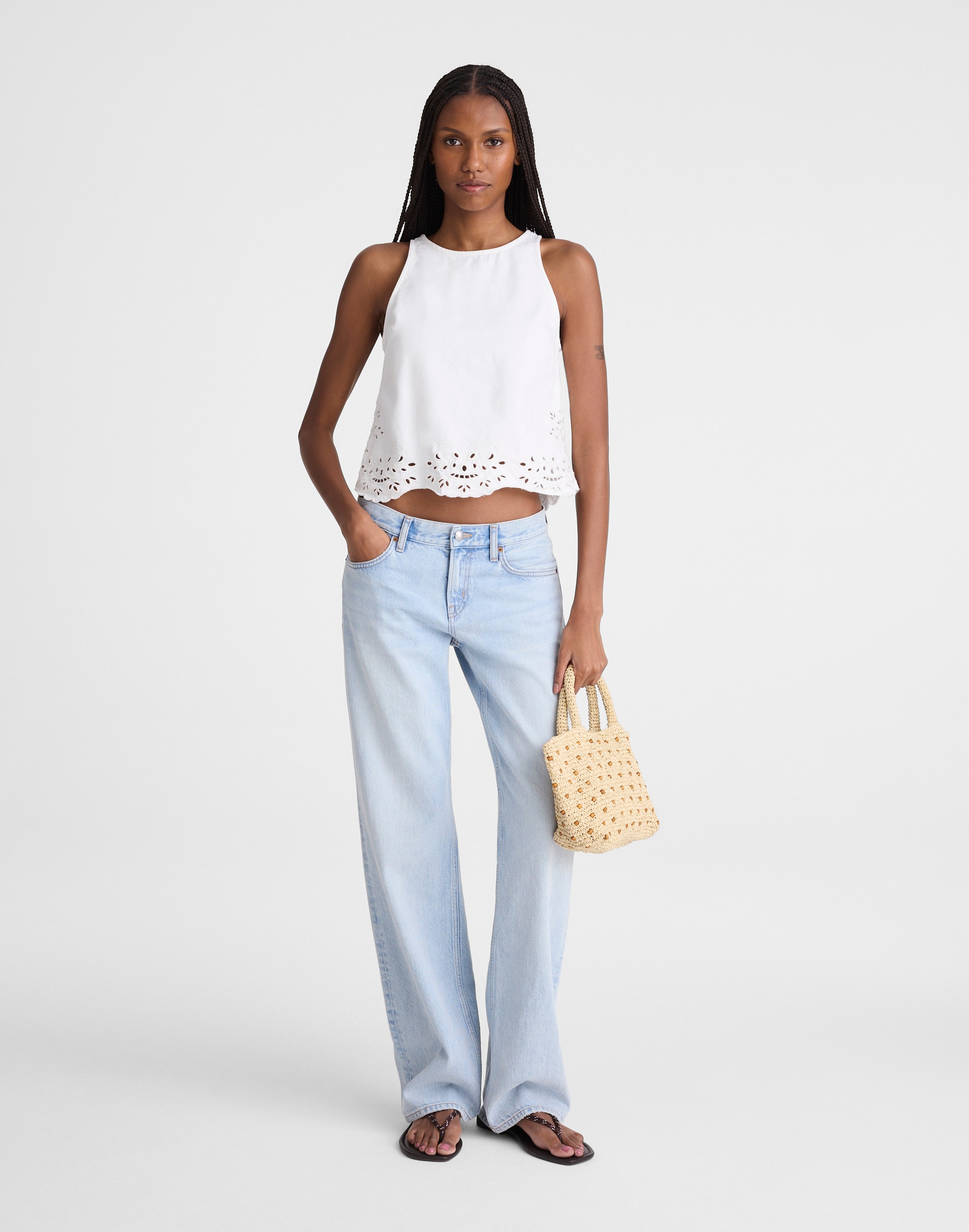 Denim Eyelet Shell Top in Tile White