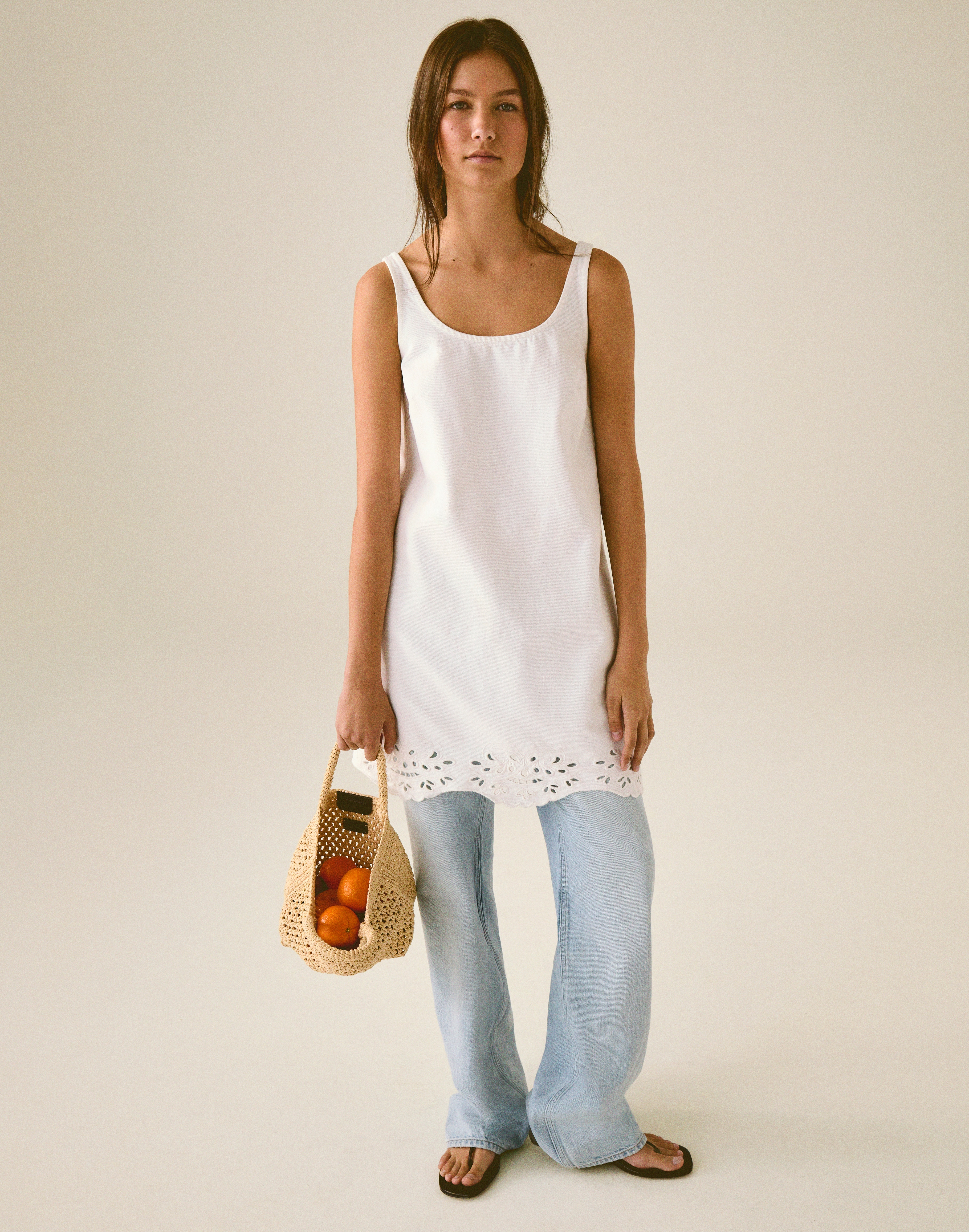 Denim Eyelet Shell Top in Tile White