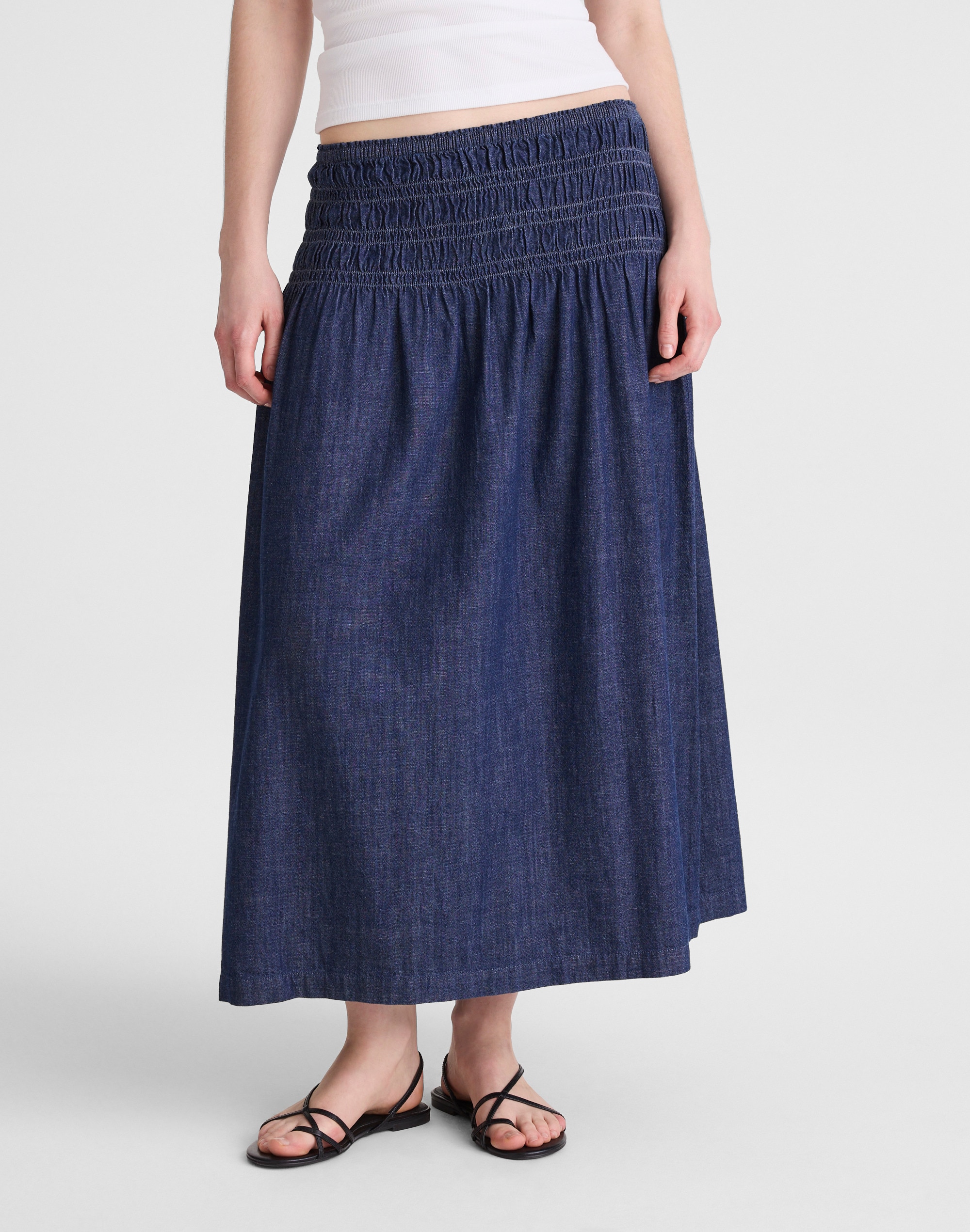 Denim Smocked-Waist Midi Skirt