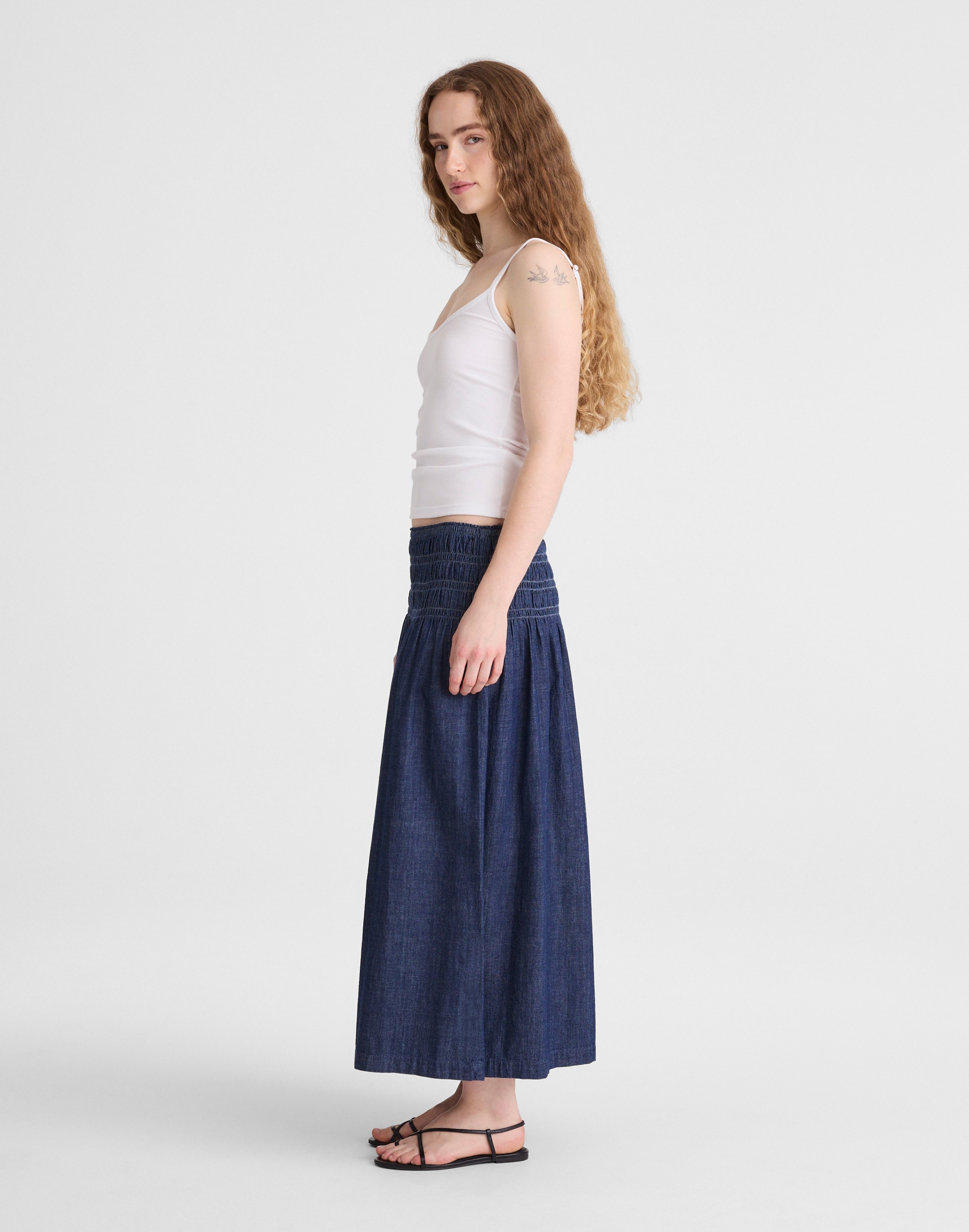 Denim Smocked-Waist Midi Skirt