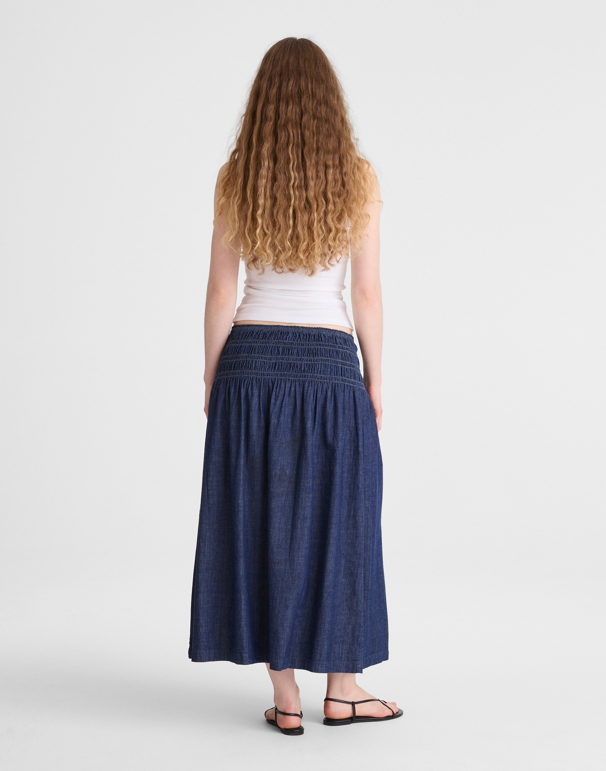 Denim Smocked-Waist Midi Skirt