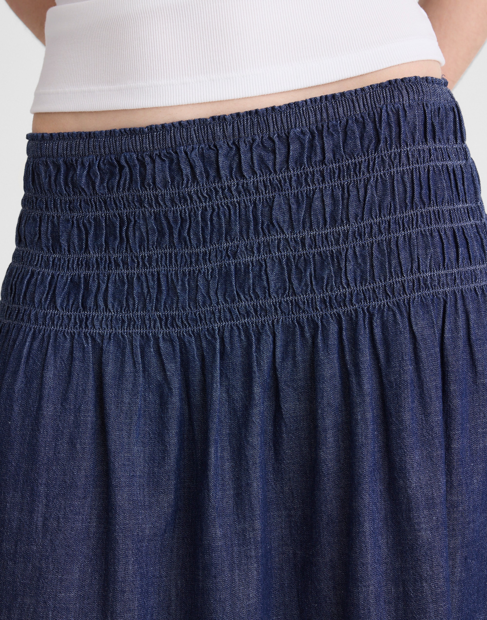 Denim Smocked-Waist Midi Skirt