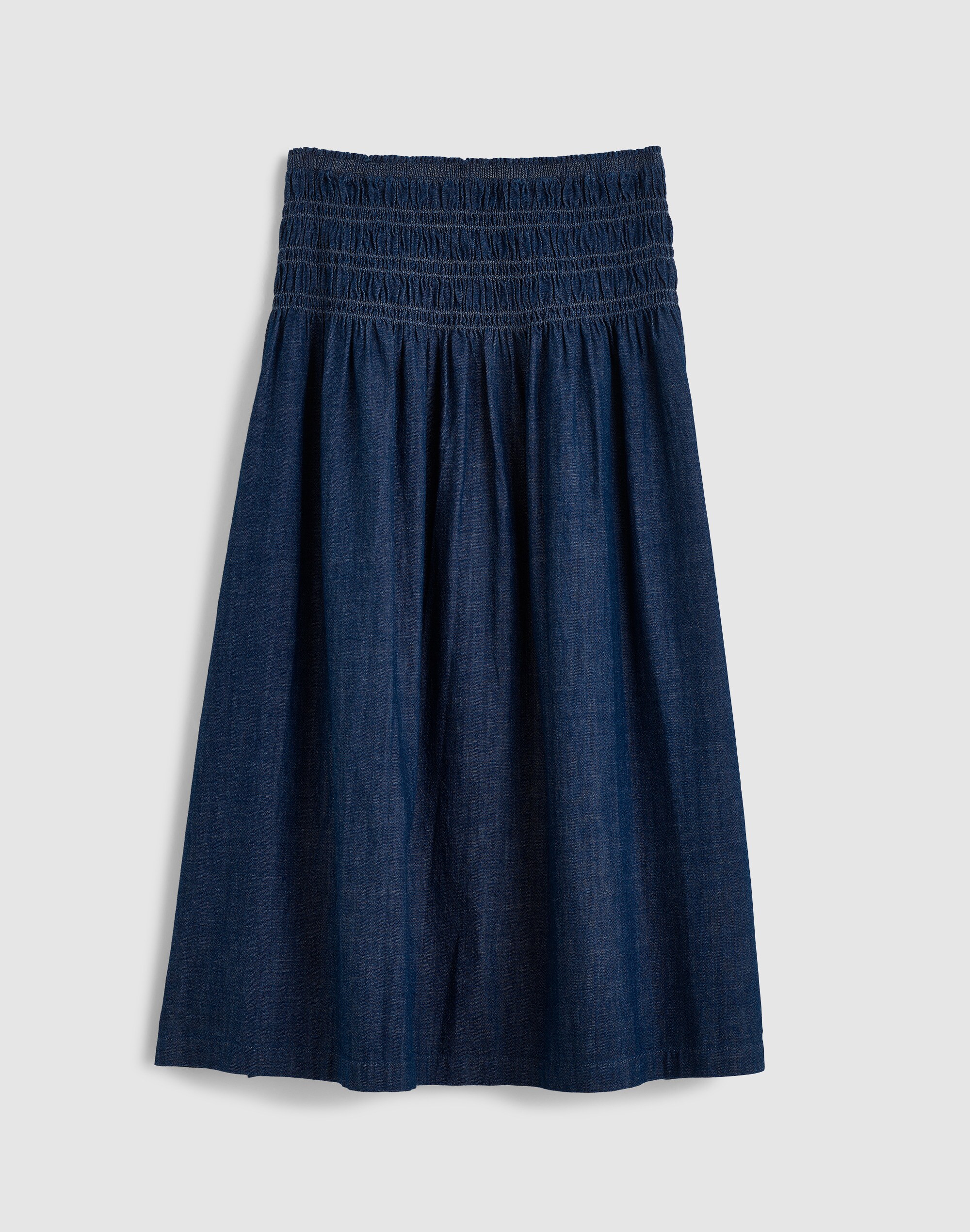 Denim Smocked-Waist Midi Skirt
