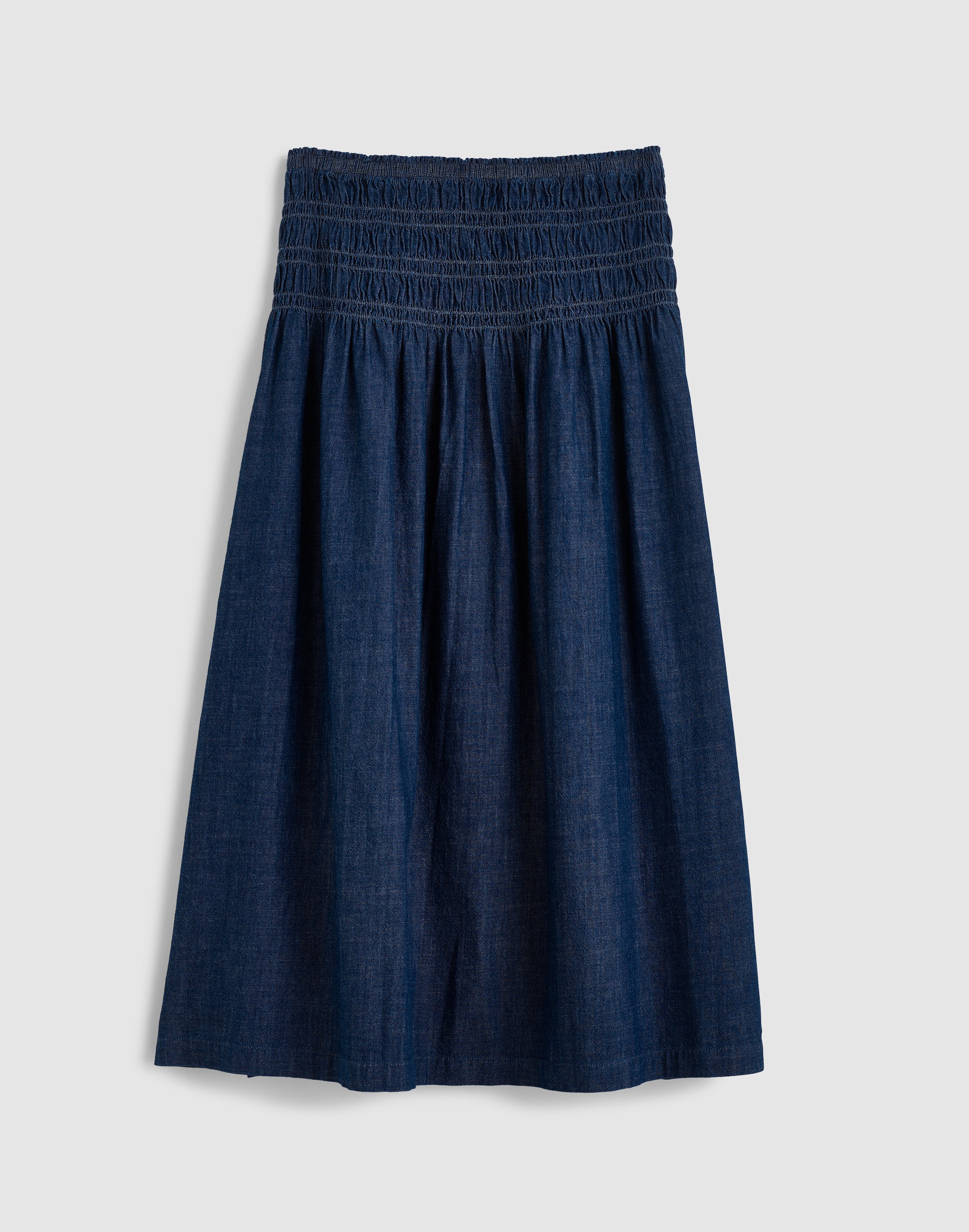 Denim Smocked-Waist Midi Skirt