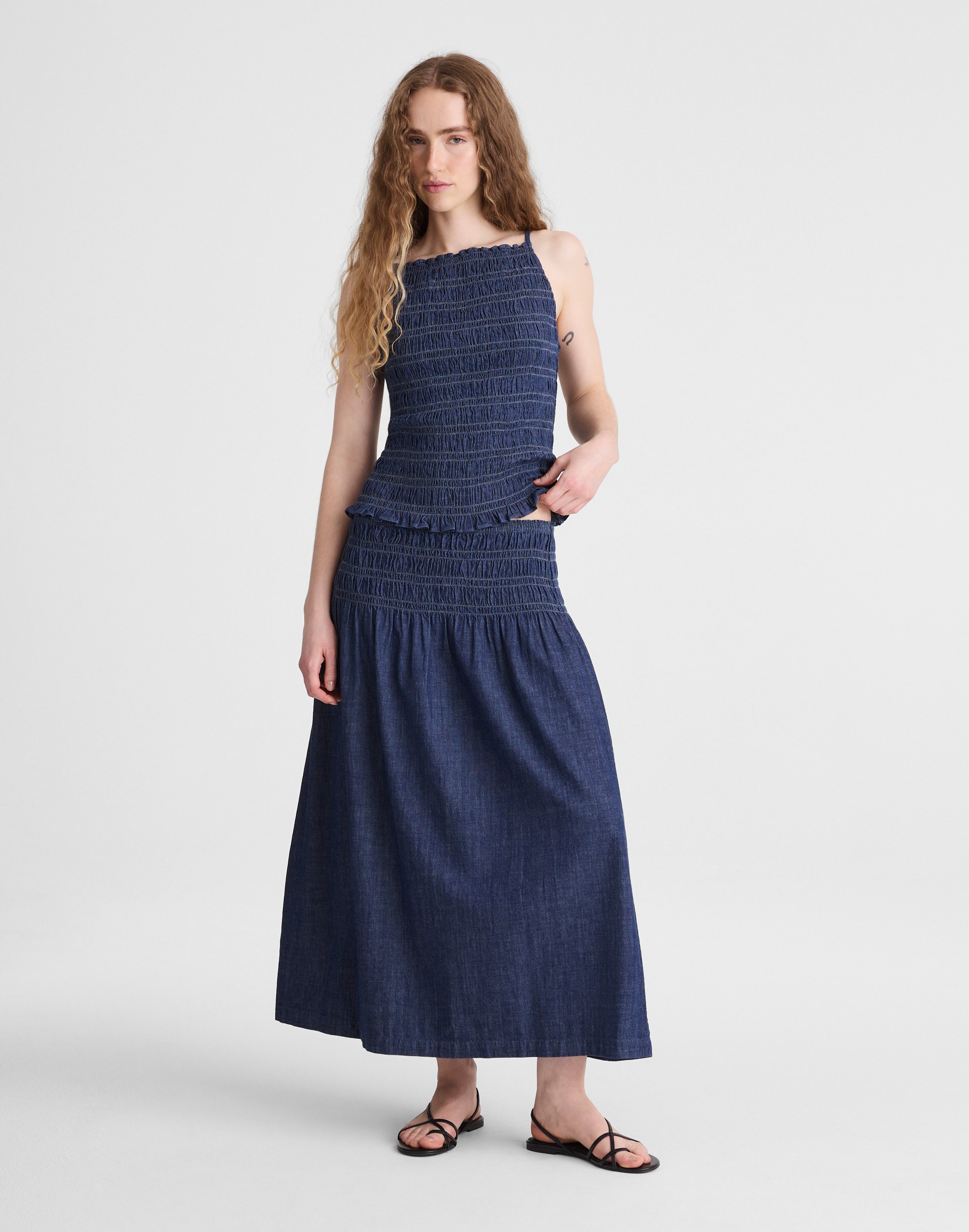 denim smocked-waist midi skirt