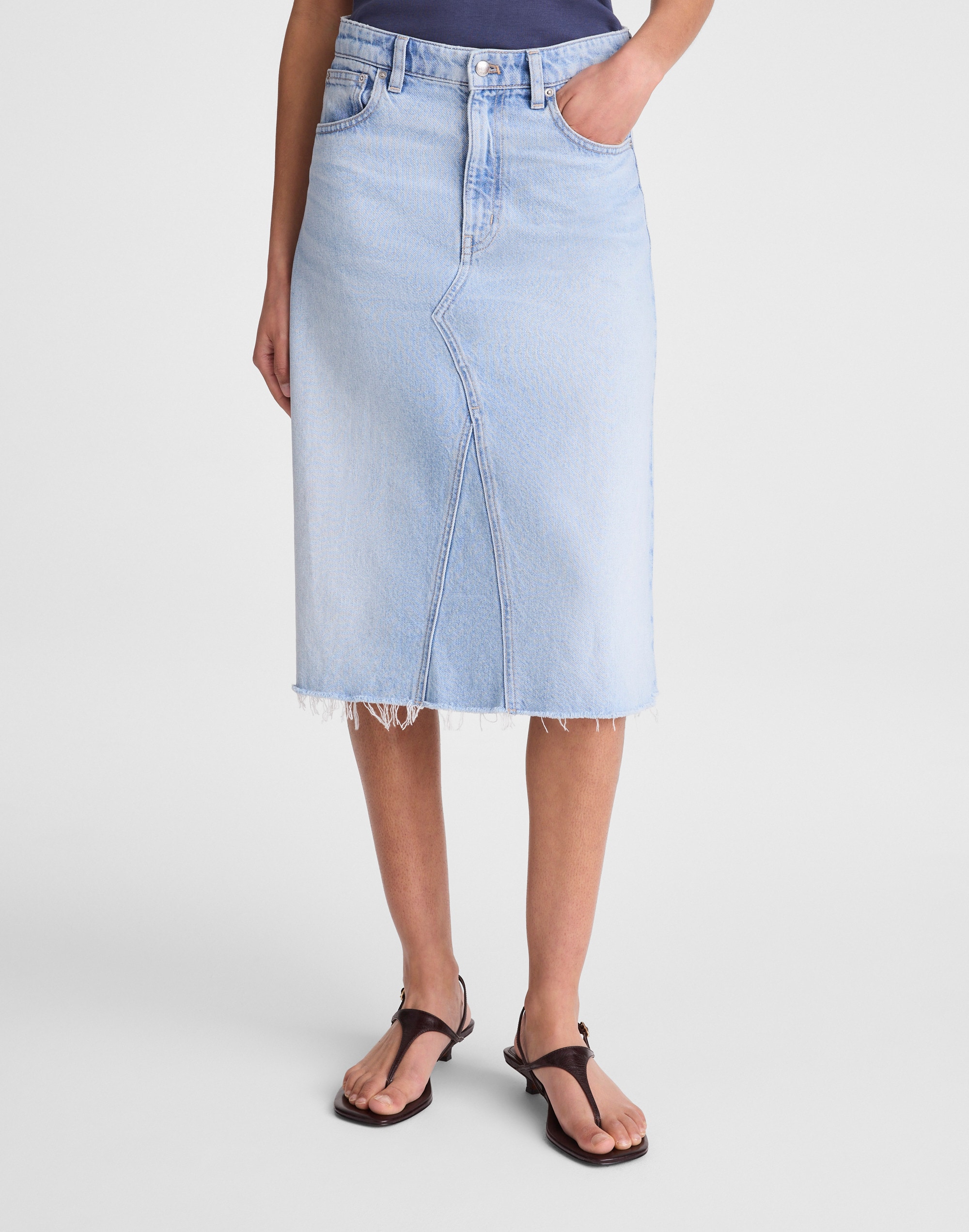 Denim Flounce Midi Skirt in Foster Wash