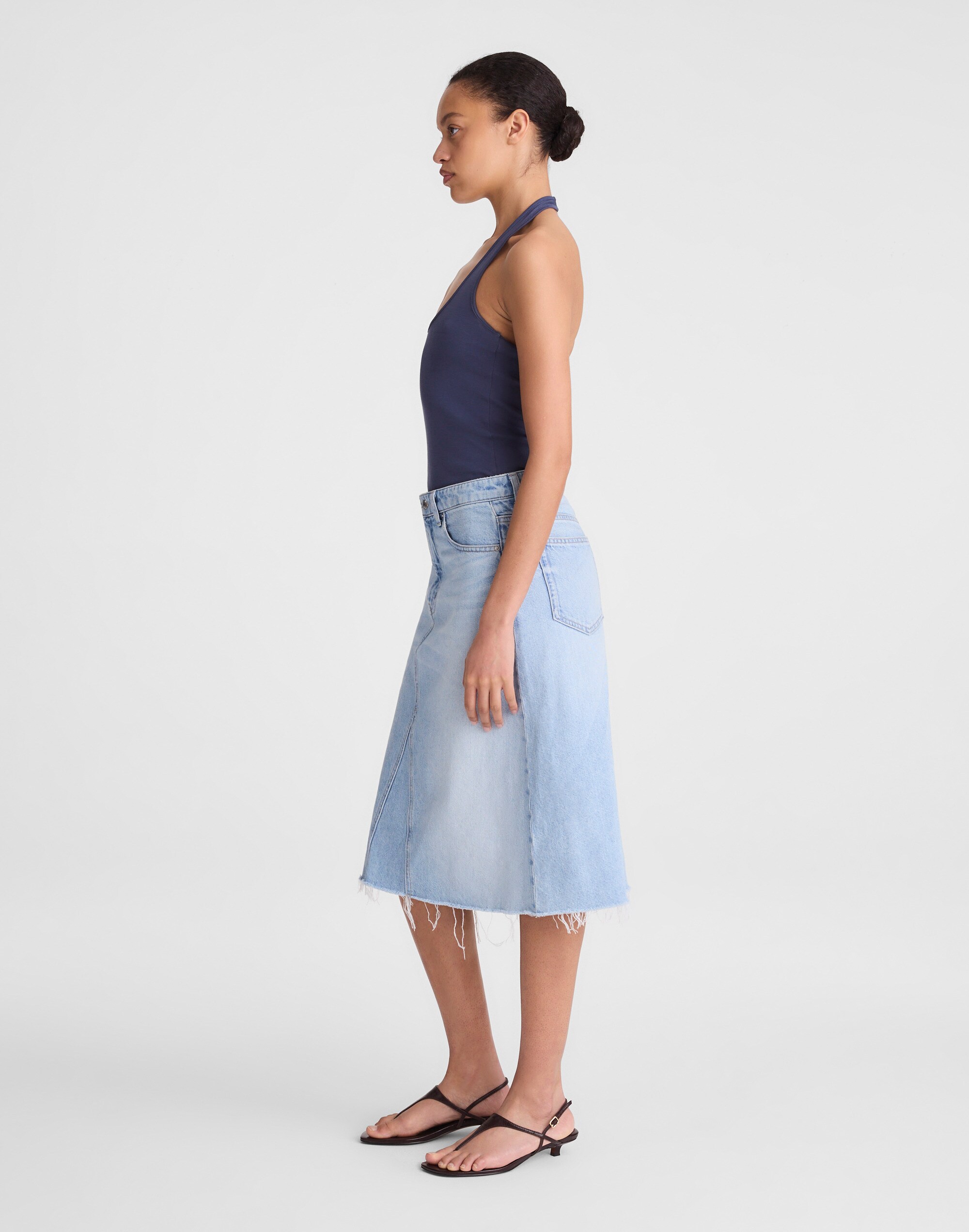 Denim Flounce Midi Skirt in Foster Wash