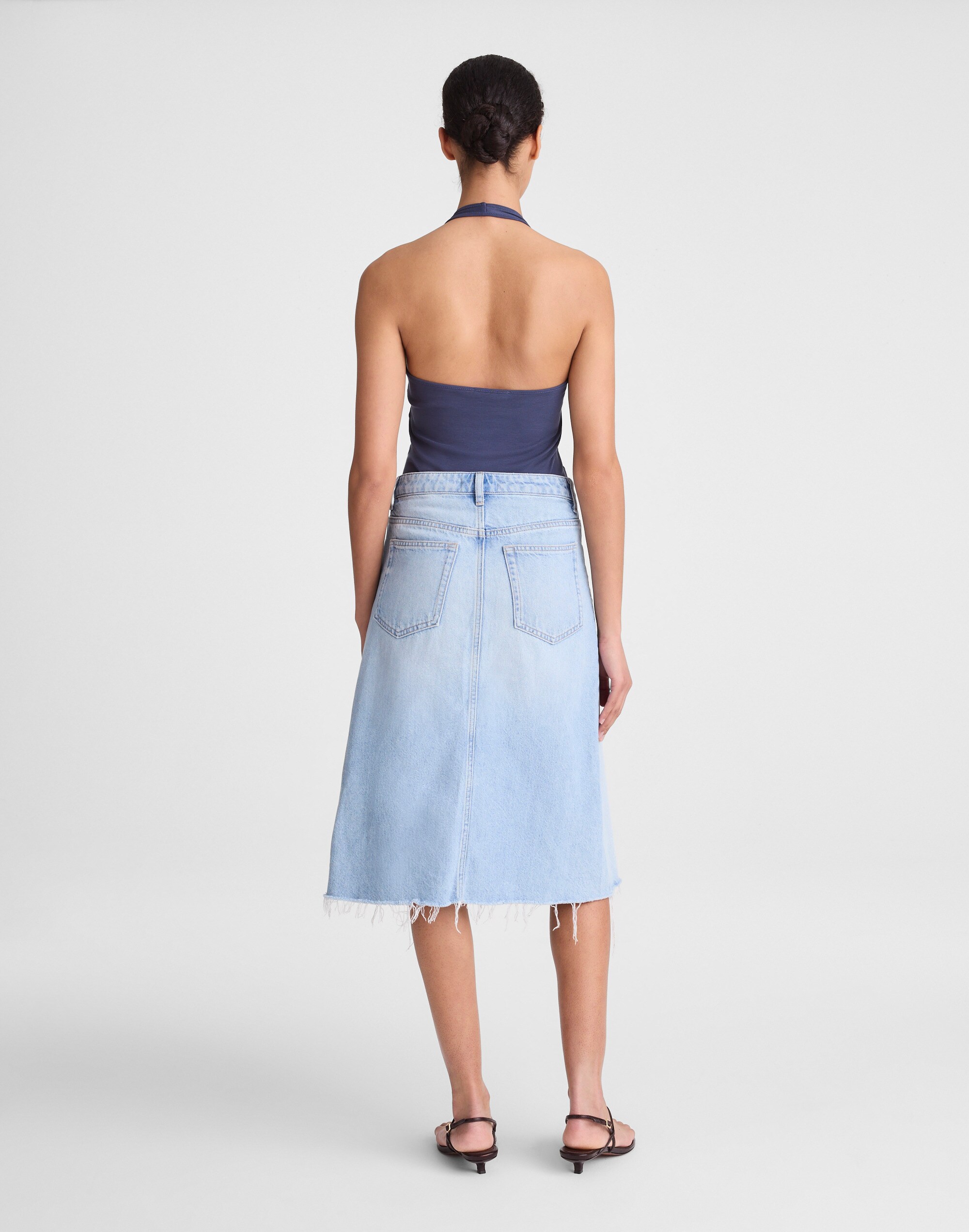 Denim Flounce Midi Skirt in Foster Wash