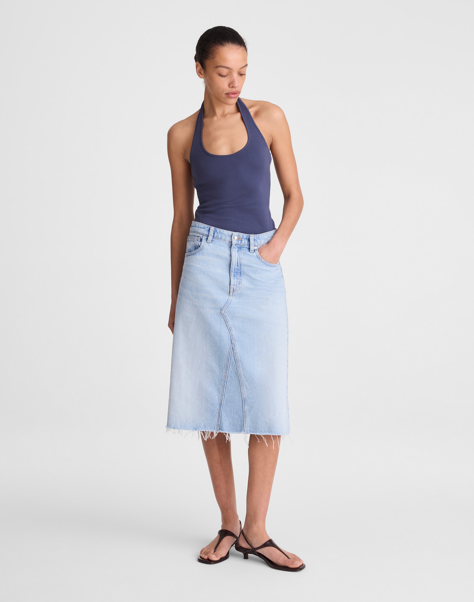 Denim Flounce Midi Skirt in Foster Wash