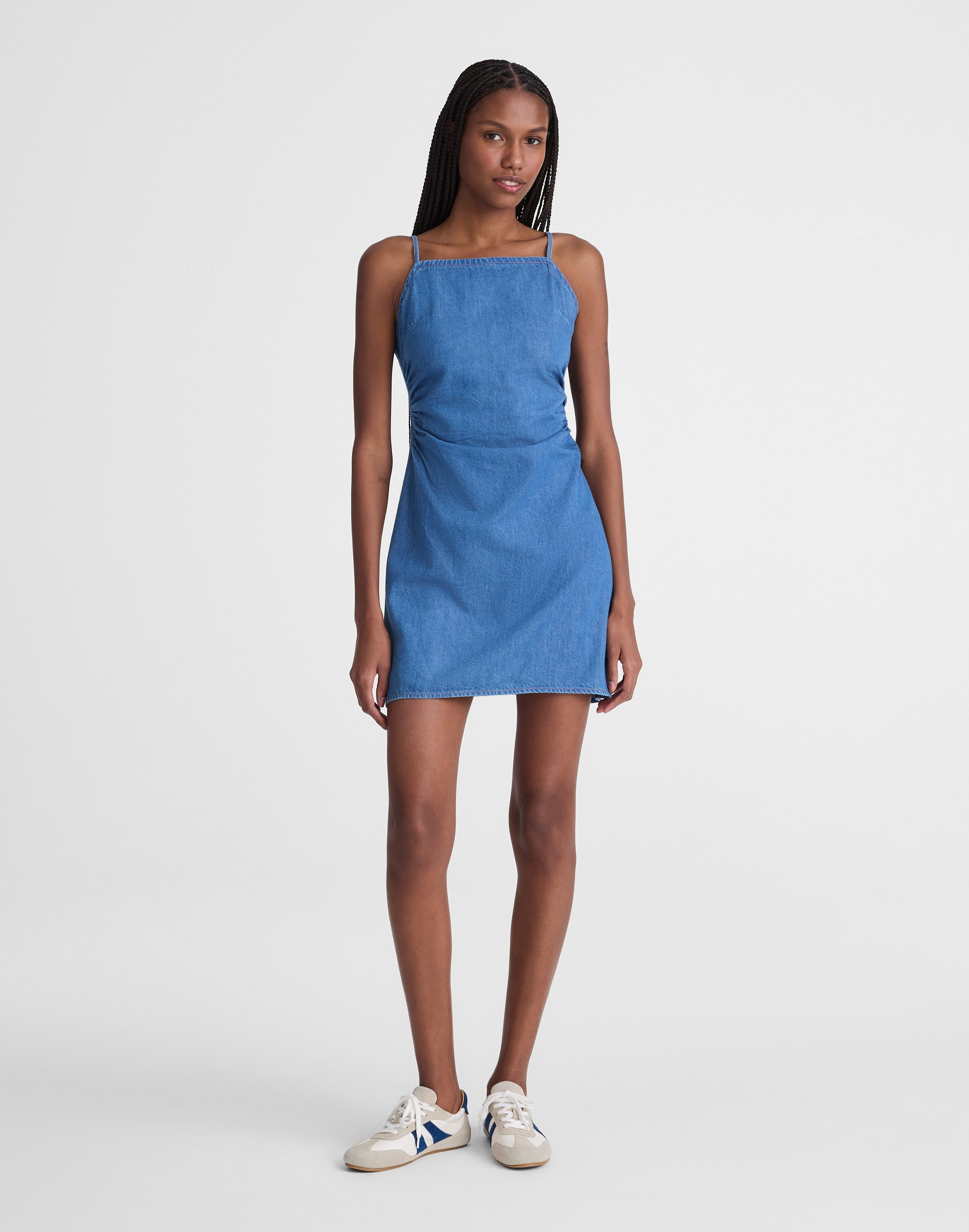 Denim Ruched Squareneck Mini Dress