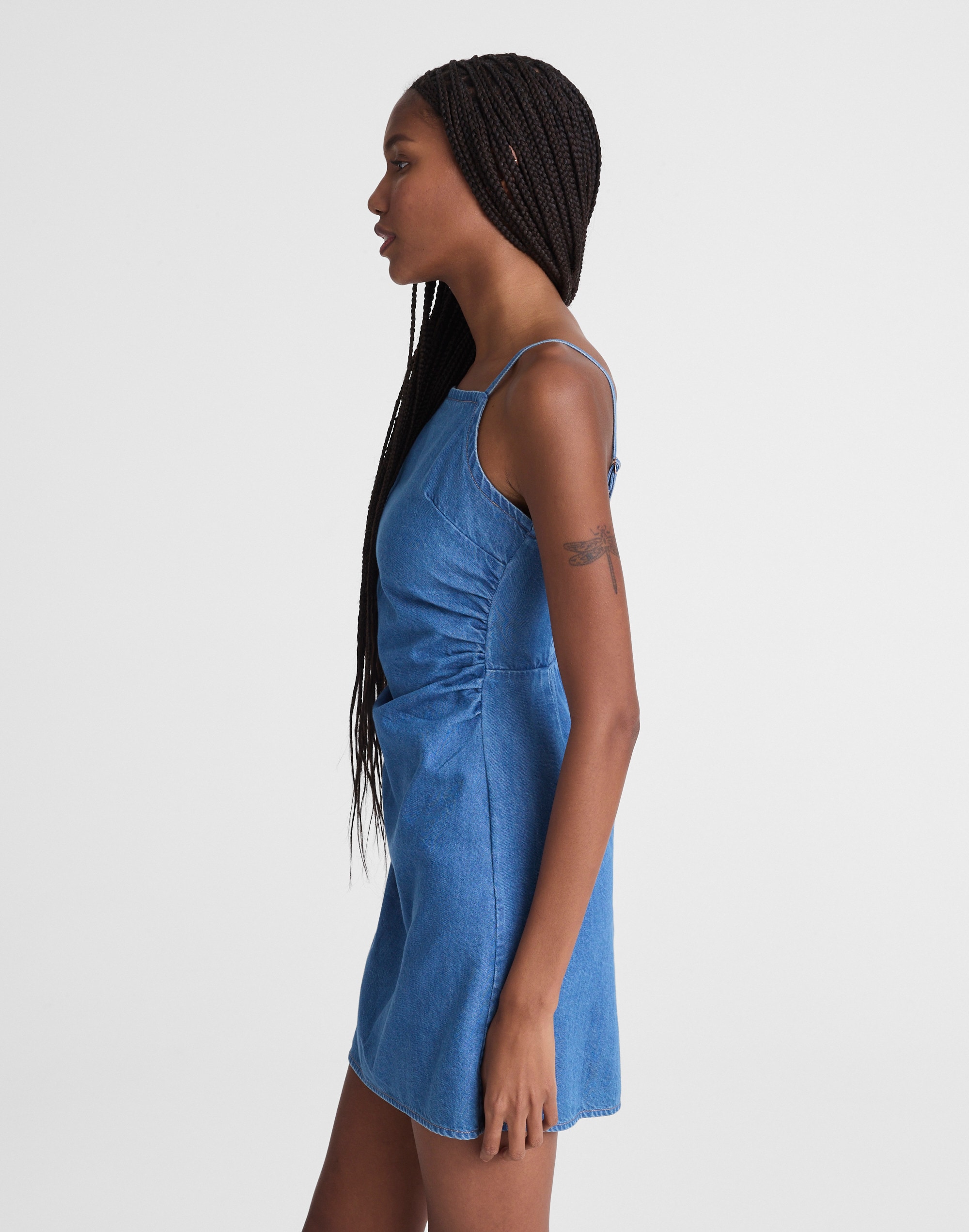Denim Ruched Squareneck Mini Dress