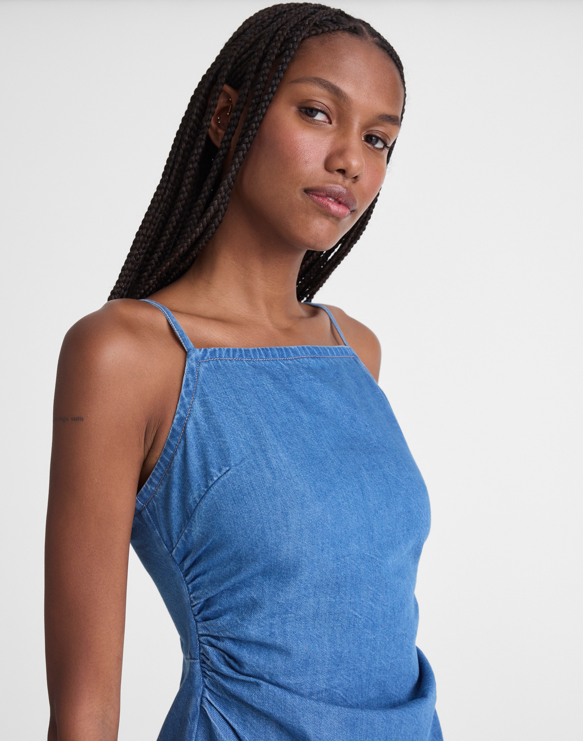 Denim Ruched Squareneck Mini Dress