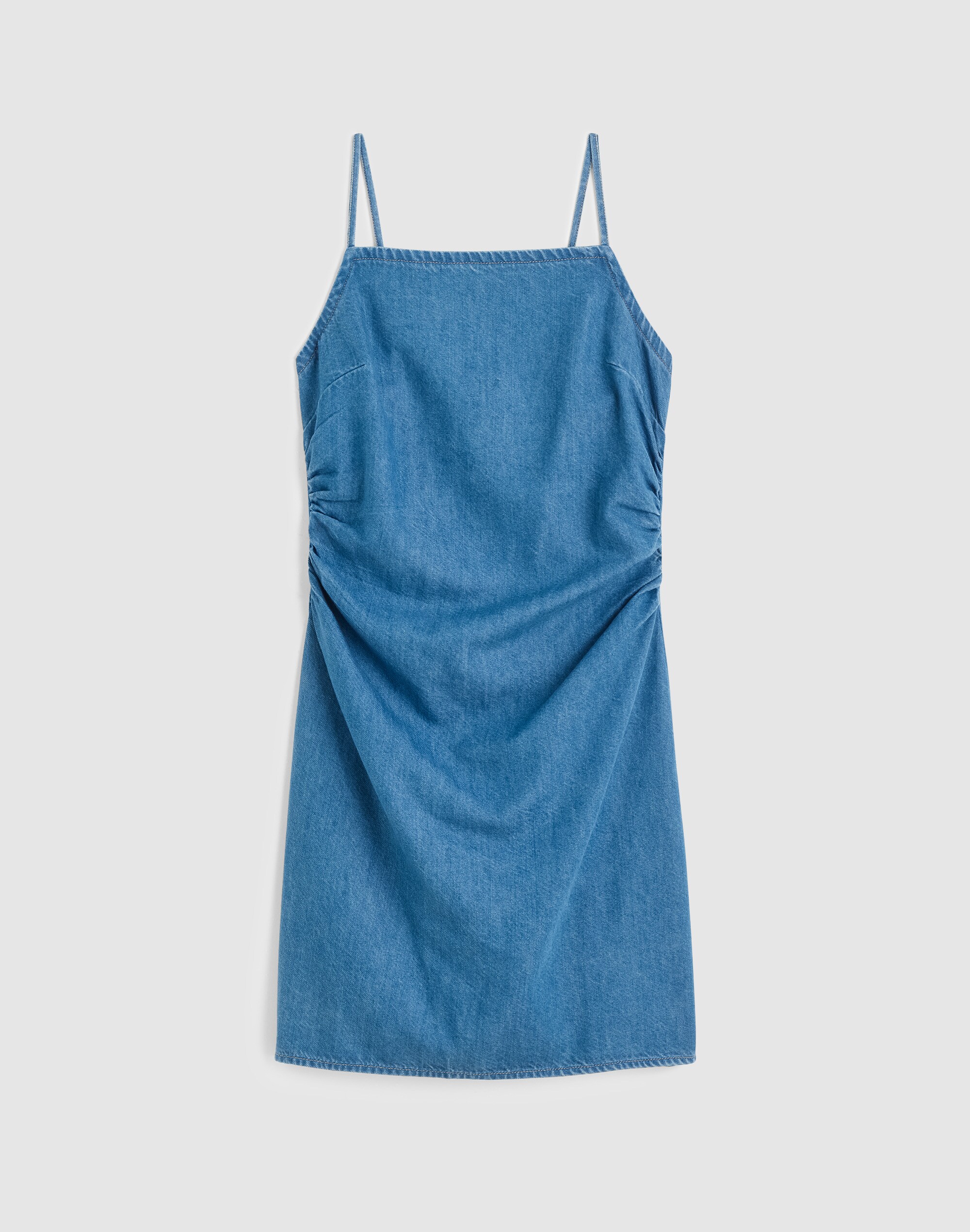 Denim Ruched Squareneck Mini Dress