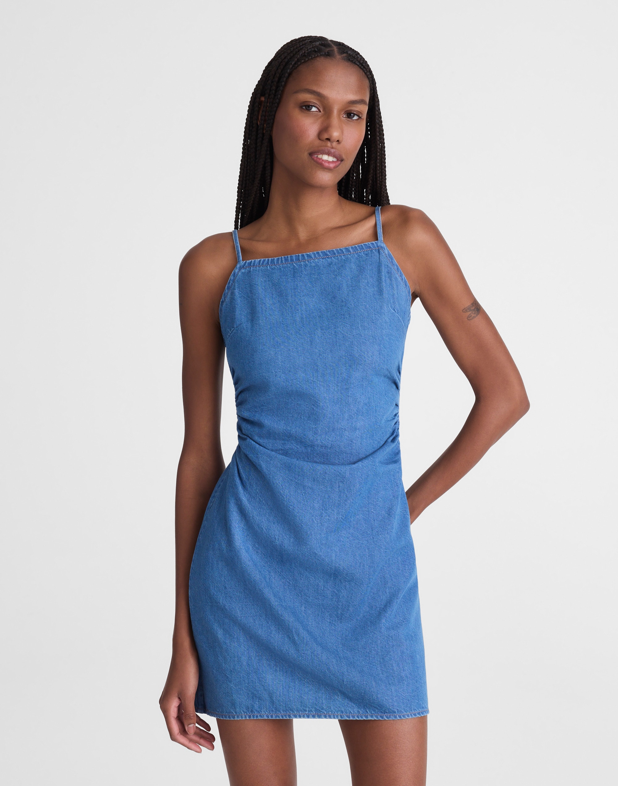 denim ruched squareneck mini dress