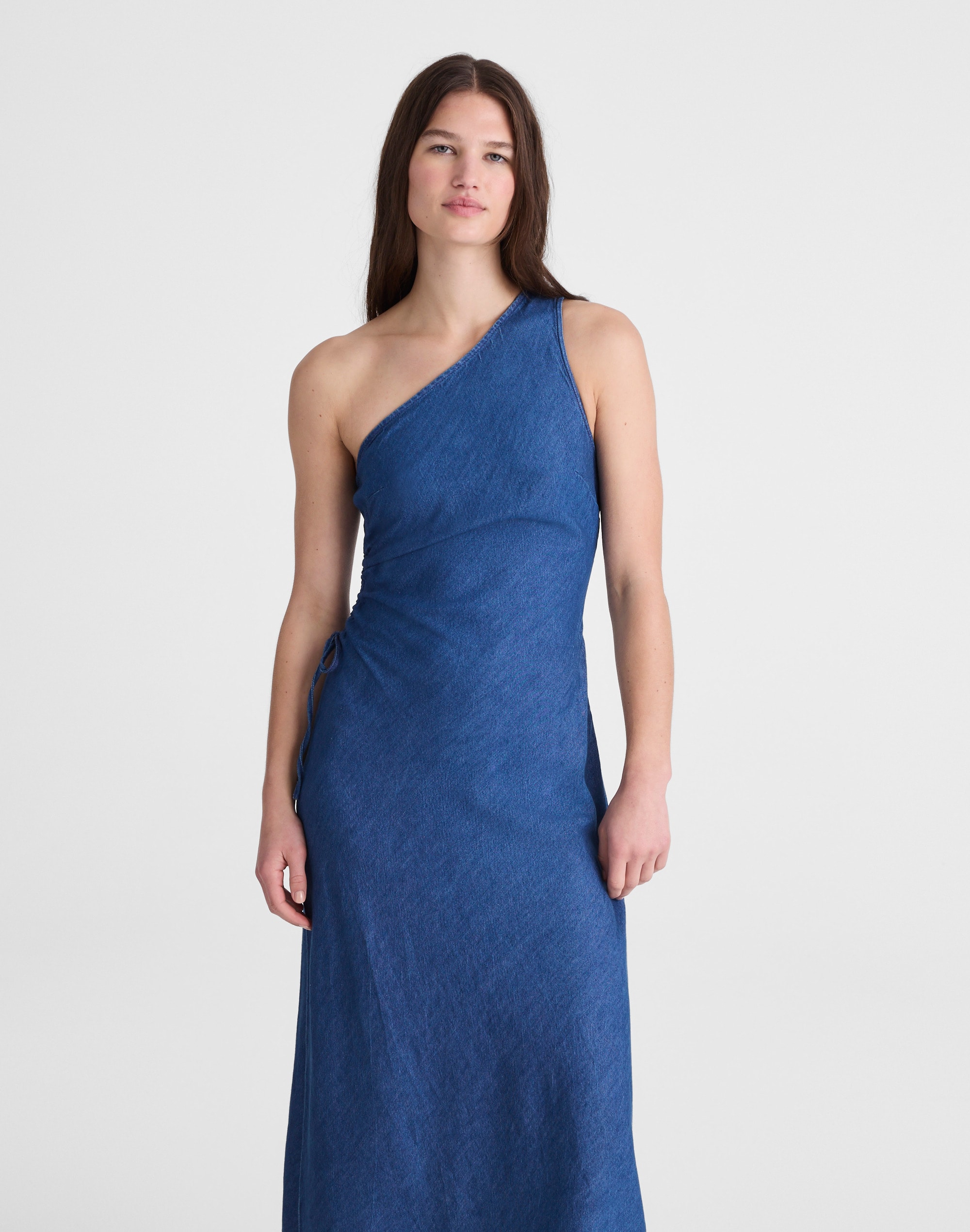 Denim One-Shoulder Maxi Dress