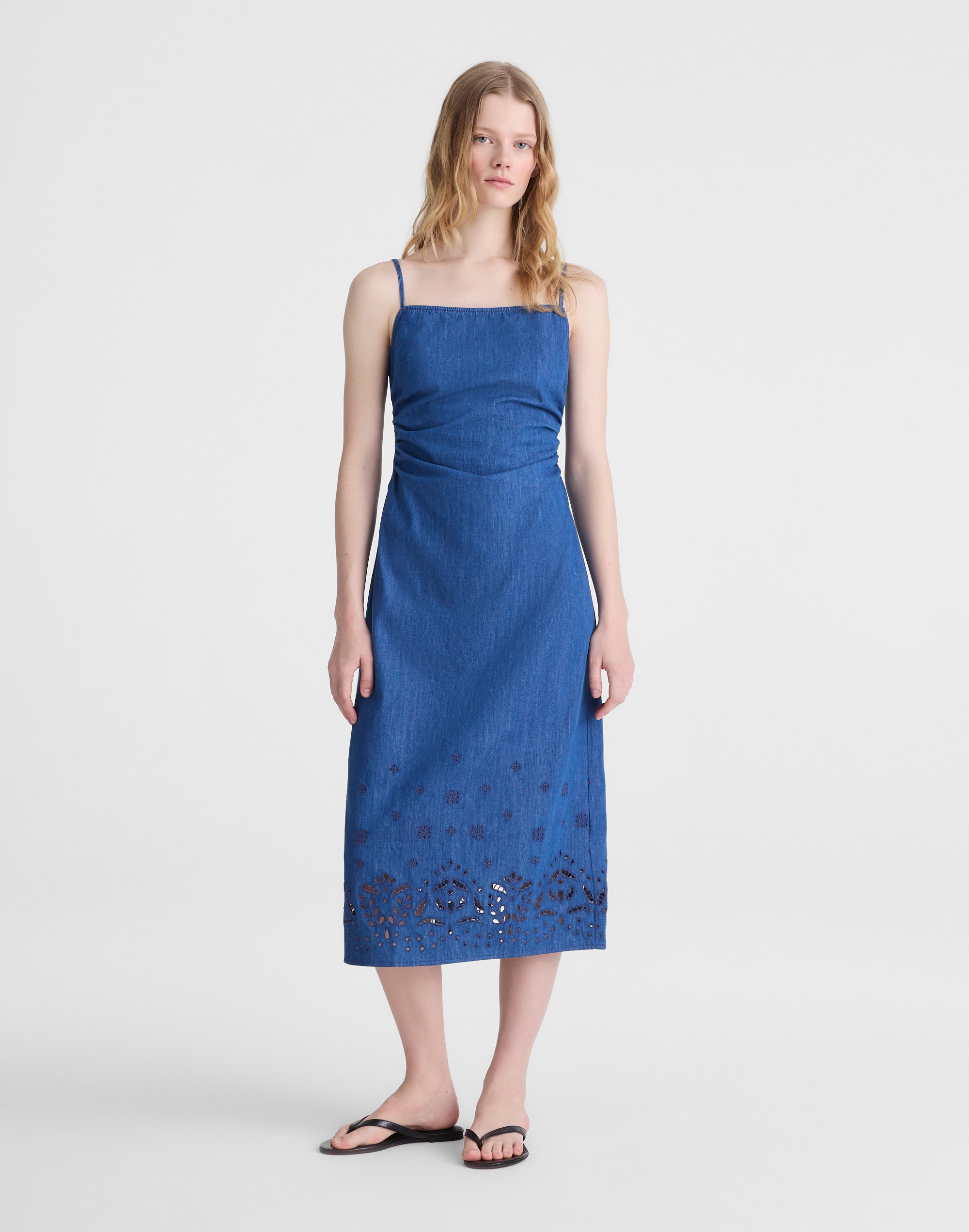 denim eyelet midi dress