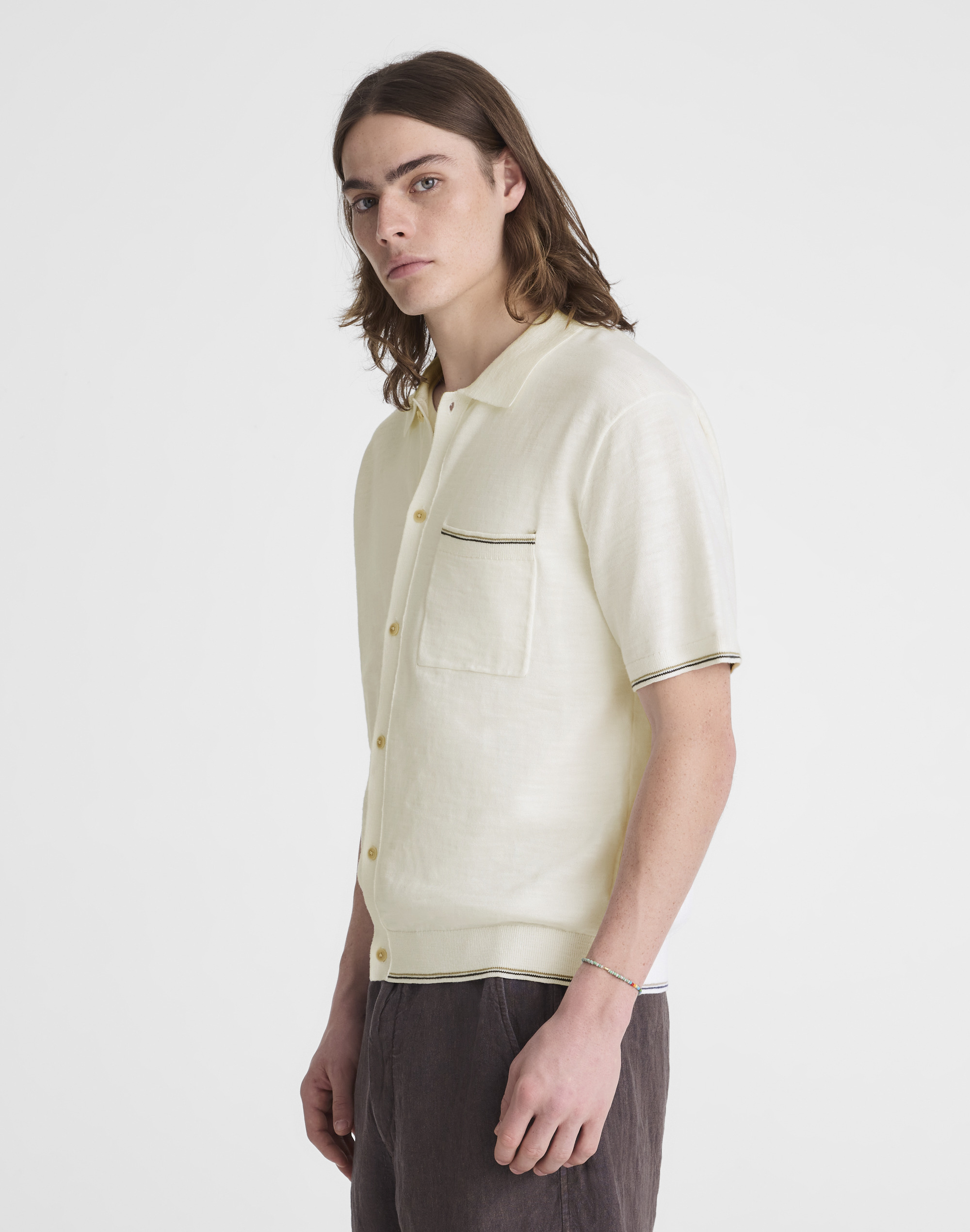 Tipped Knit Button-Up Shirt in Slub Knit Cotton