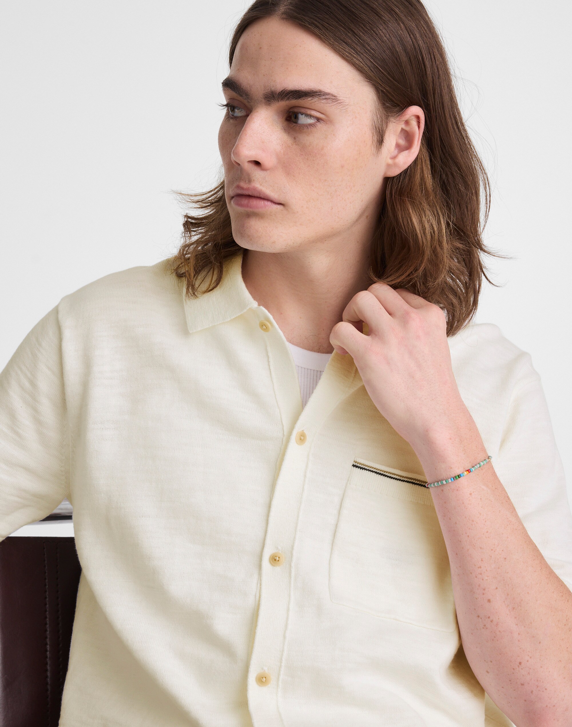 Tipped Knit Button-Up Shirt in Slub Knit Cotton