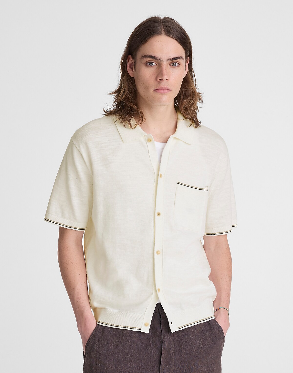 Tipped Knit Button-Up Shirt in Slub Knit Cotton