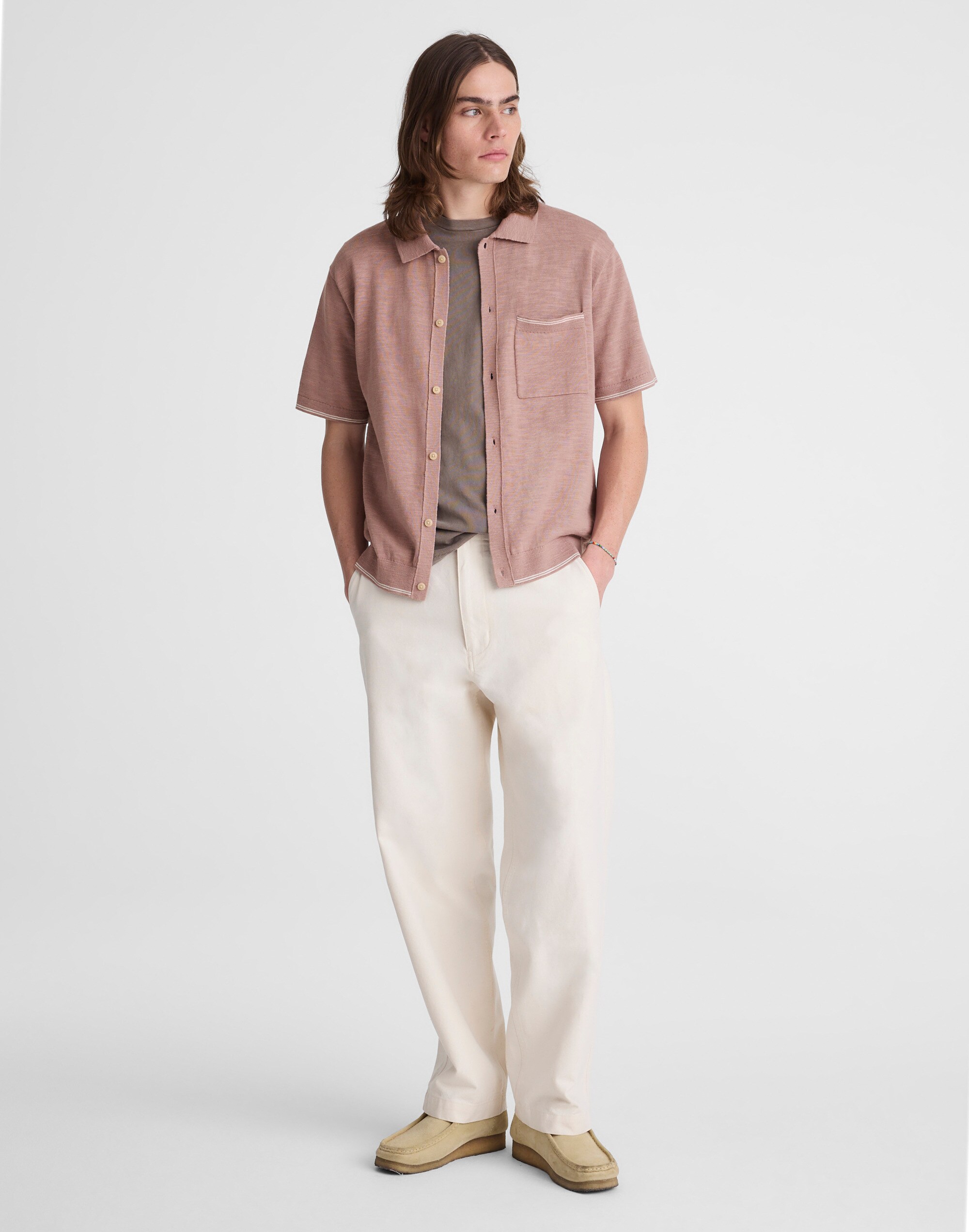 Tipped Knit Button-Up Shirt in Slub Knit Cotton