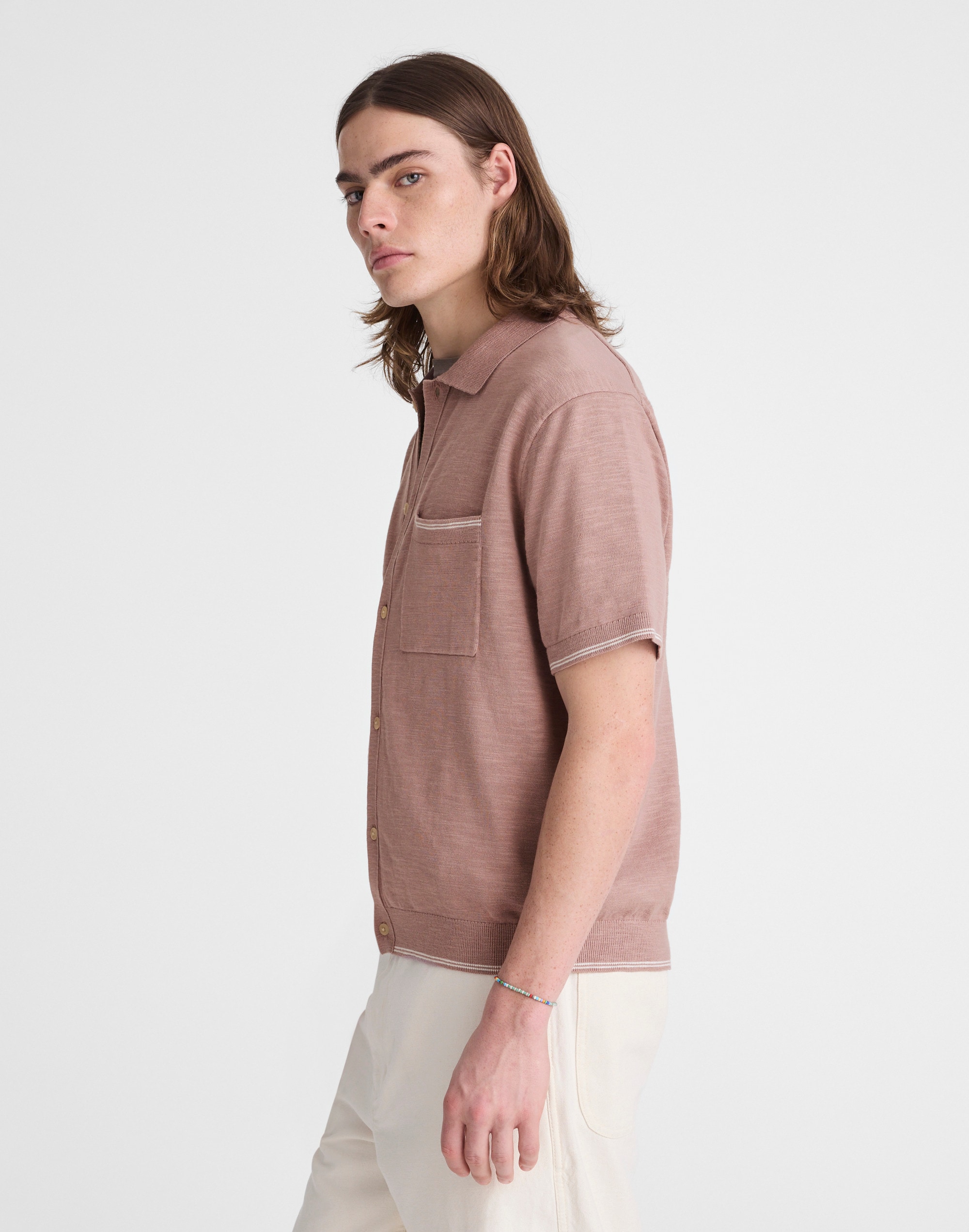 Tipped Knit Button-Up Shirt in Slub Knit Cotton