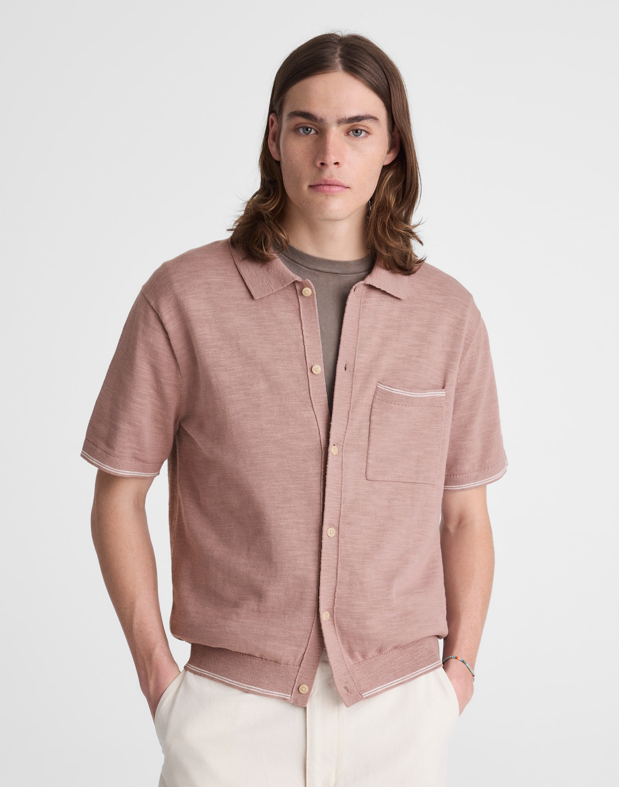 Tipped Knit Button-Up Shirt in Slub Knit Cotton