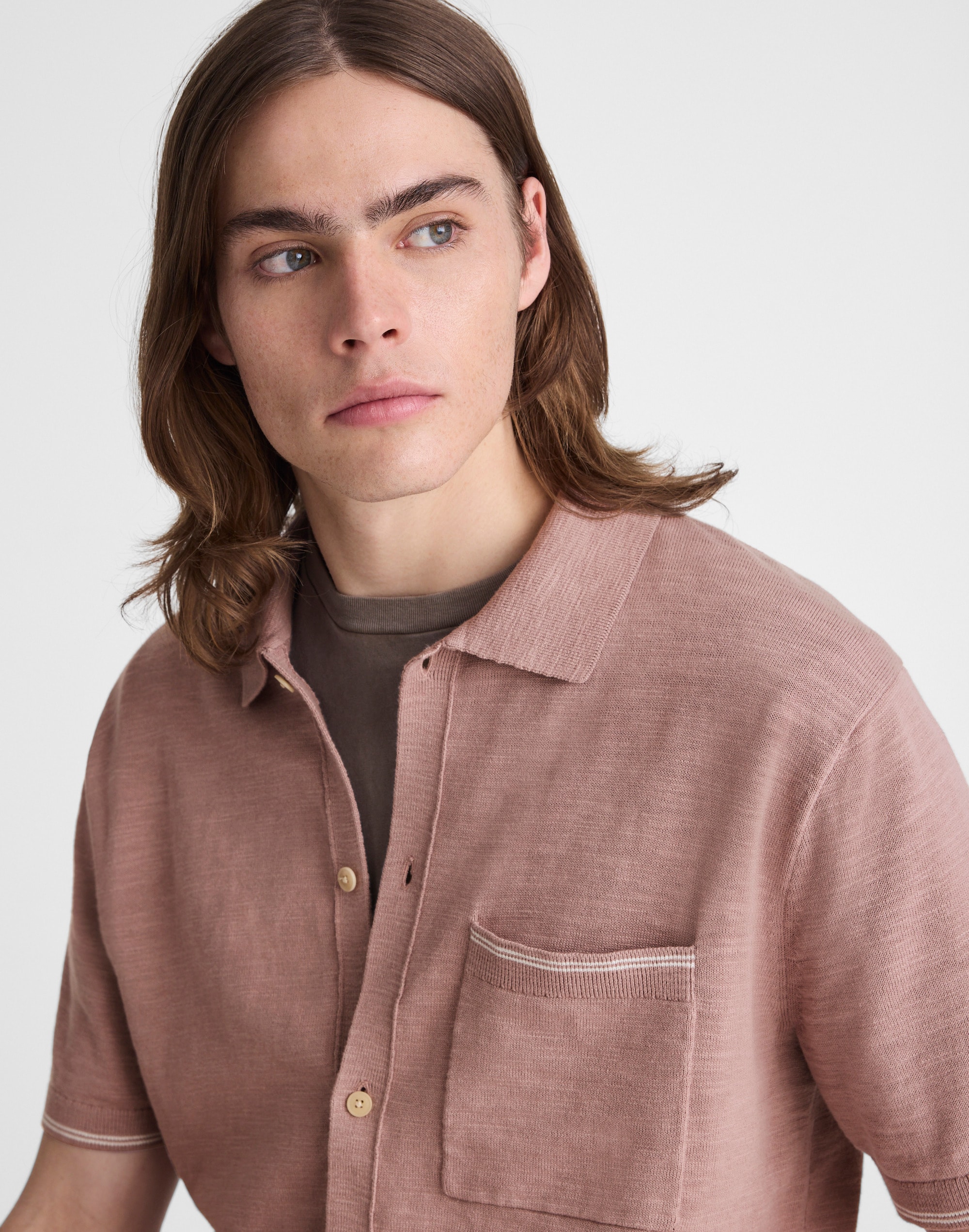 Tipped Knit Button-Up Shirt in Slub Knit Cotton