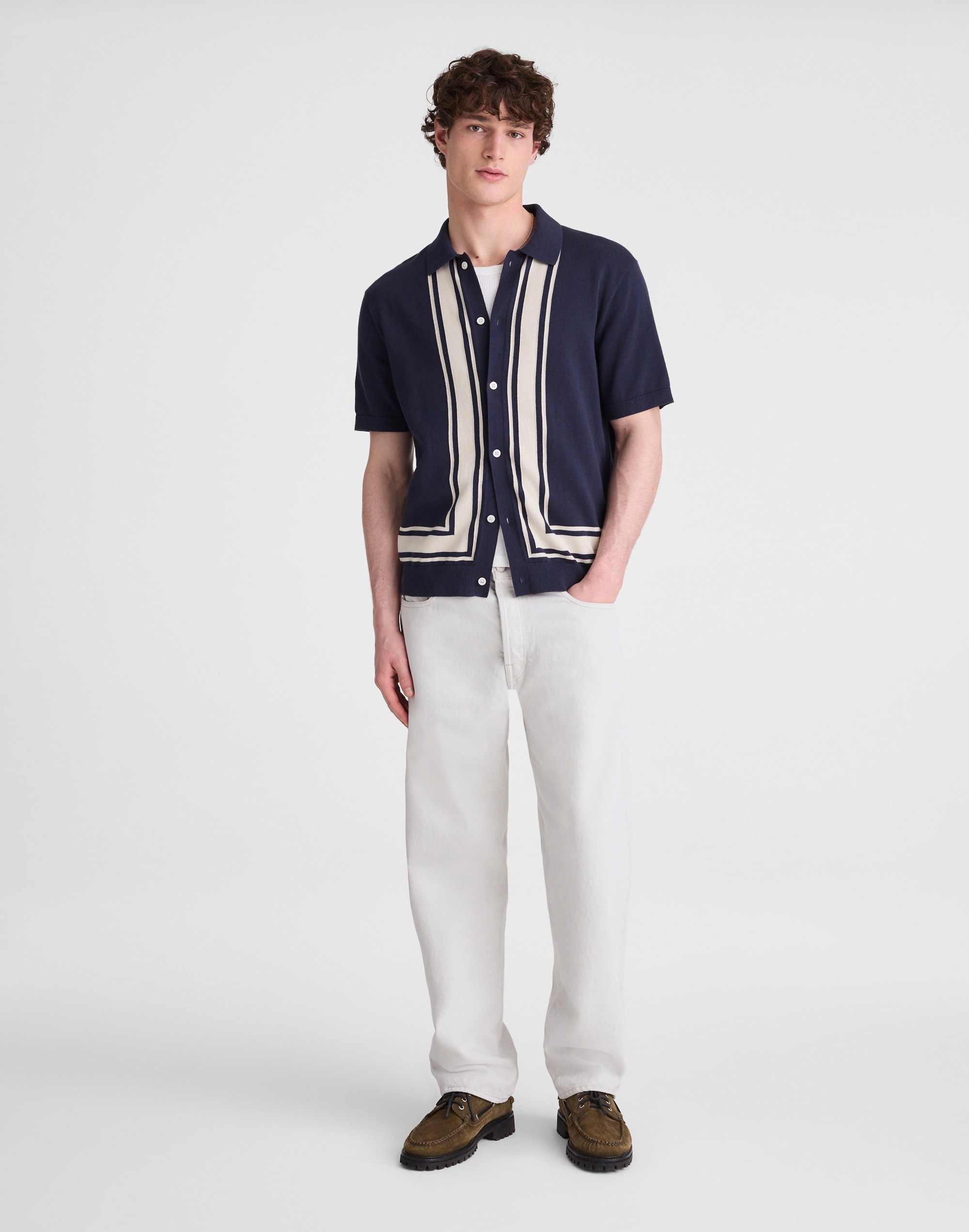 Knit Button-Up Shirt in Border Stripe