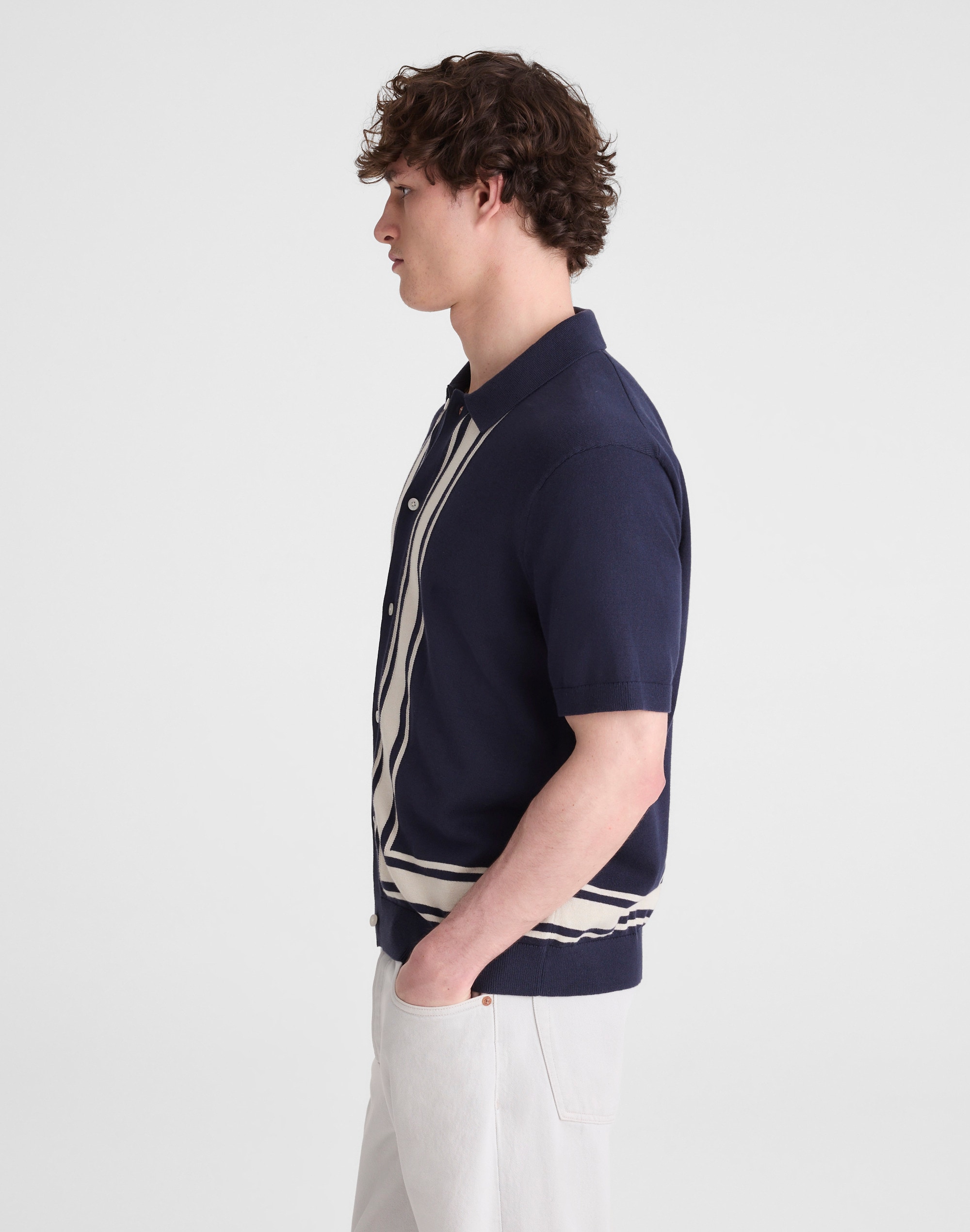 Knit Button-Up Shirt in Border Stripe