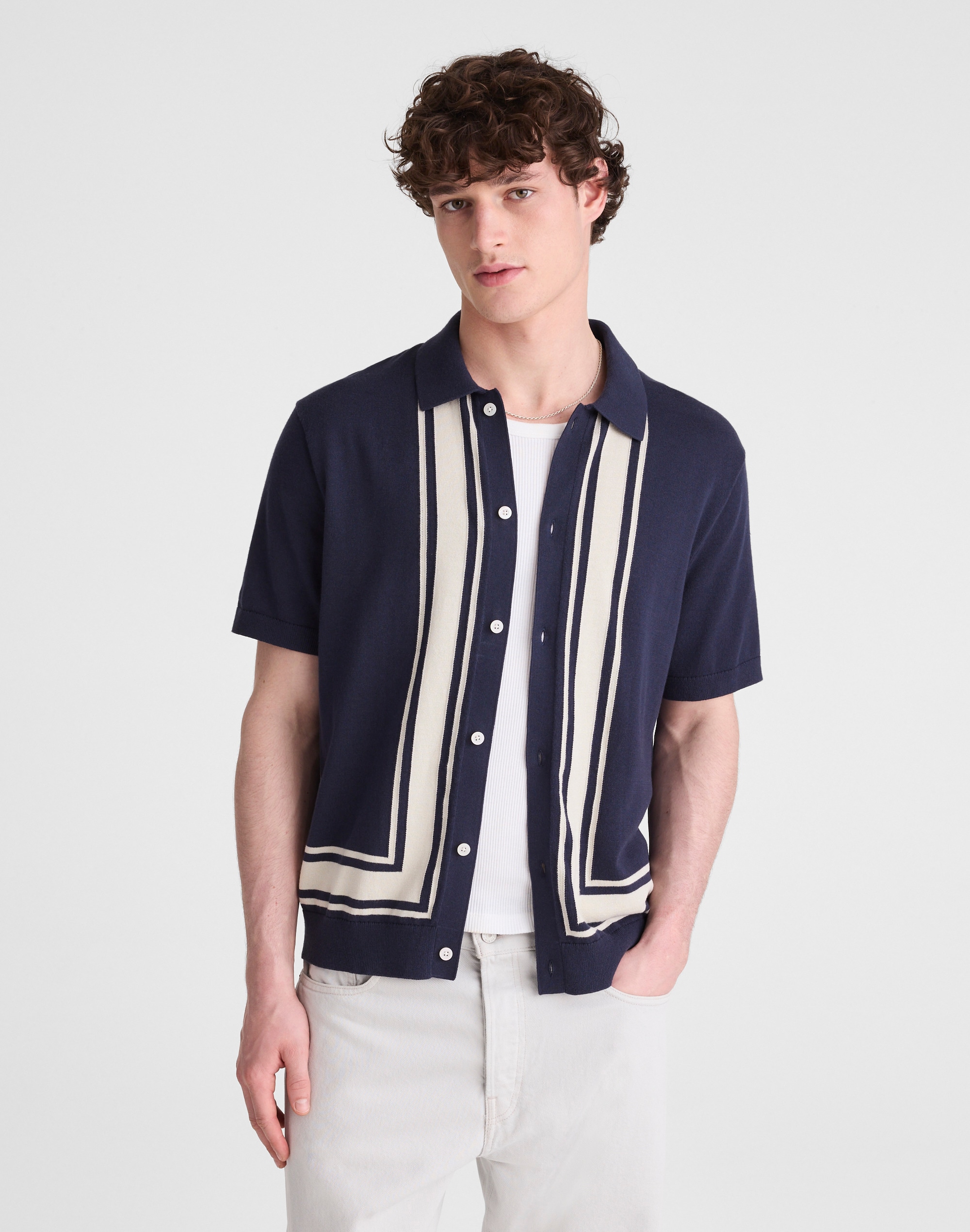 Knit Button-Up Shirt in Border Stripe