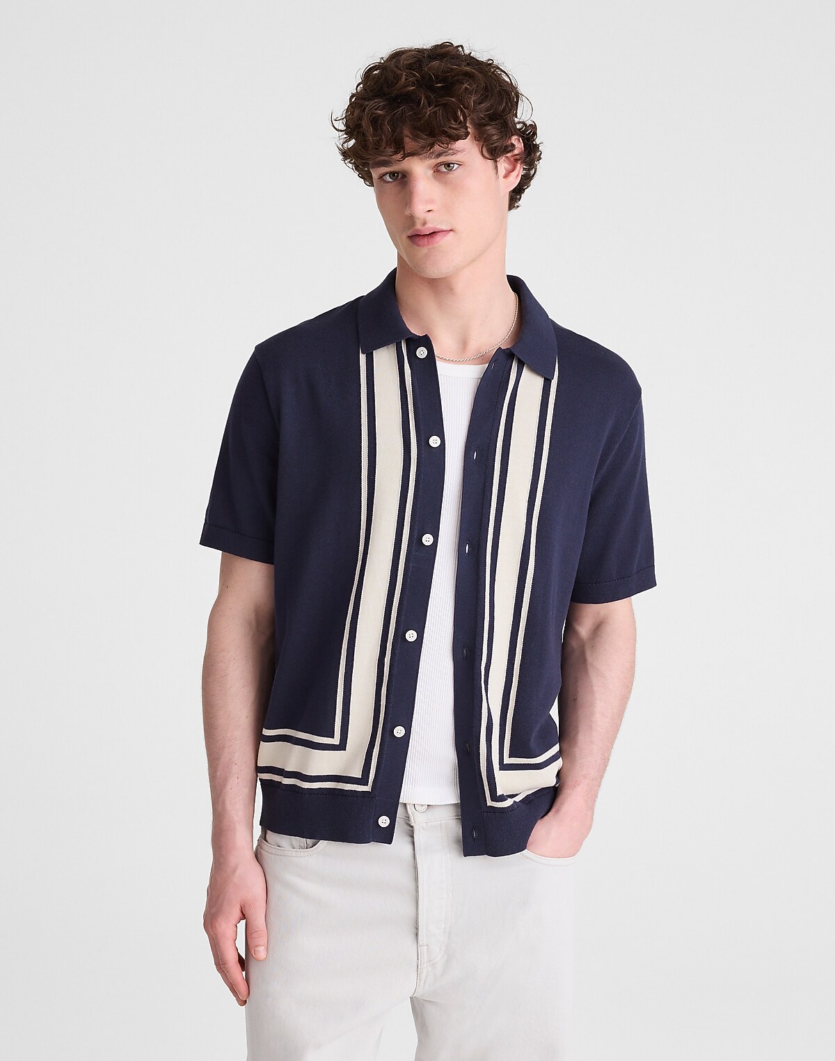 Knit Button-Up Shirt in Border Stripe