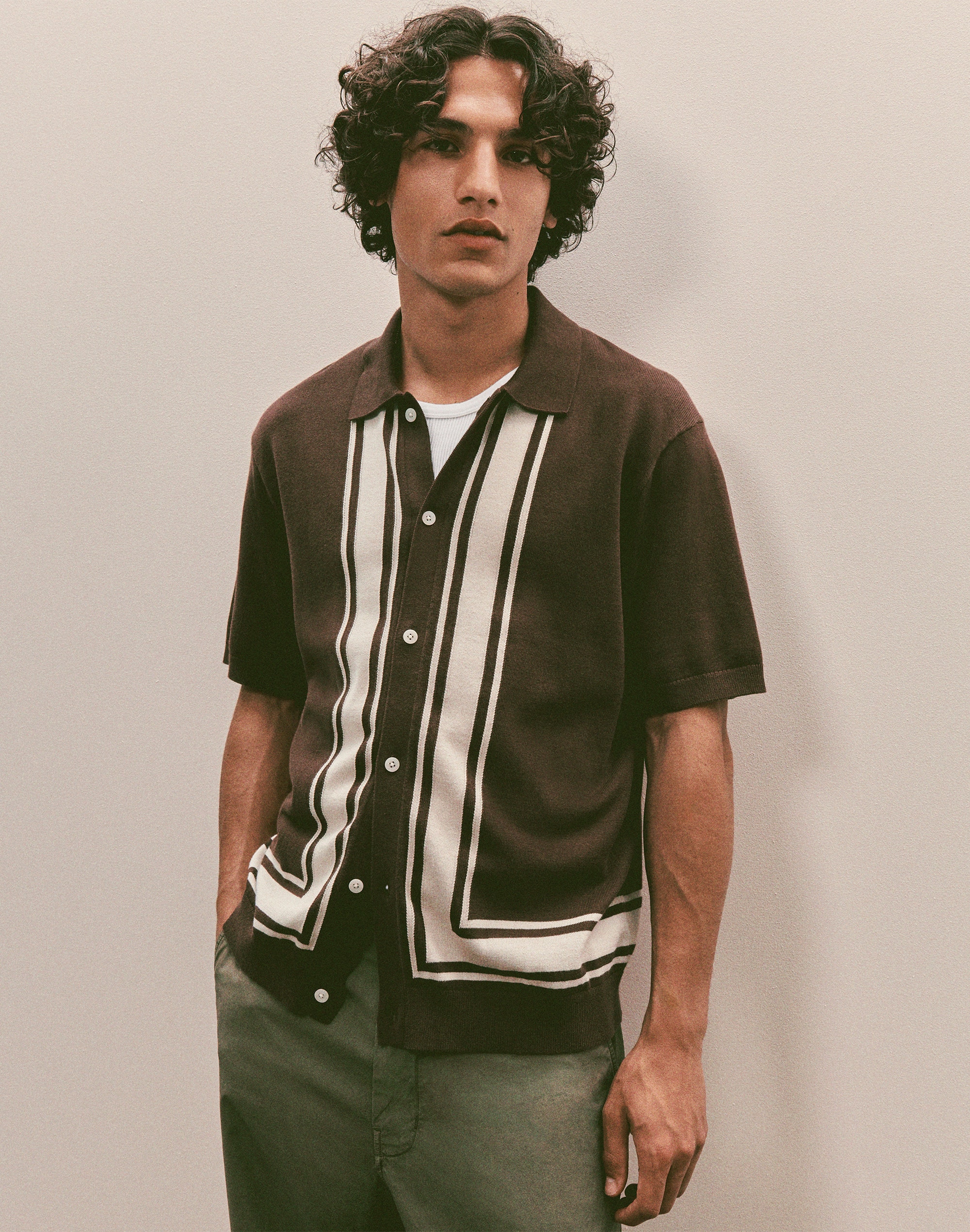 Knit Button-Up Shirt in Border Stripe