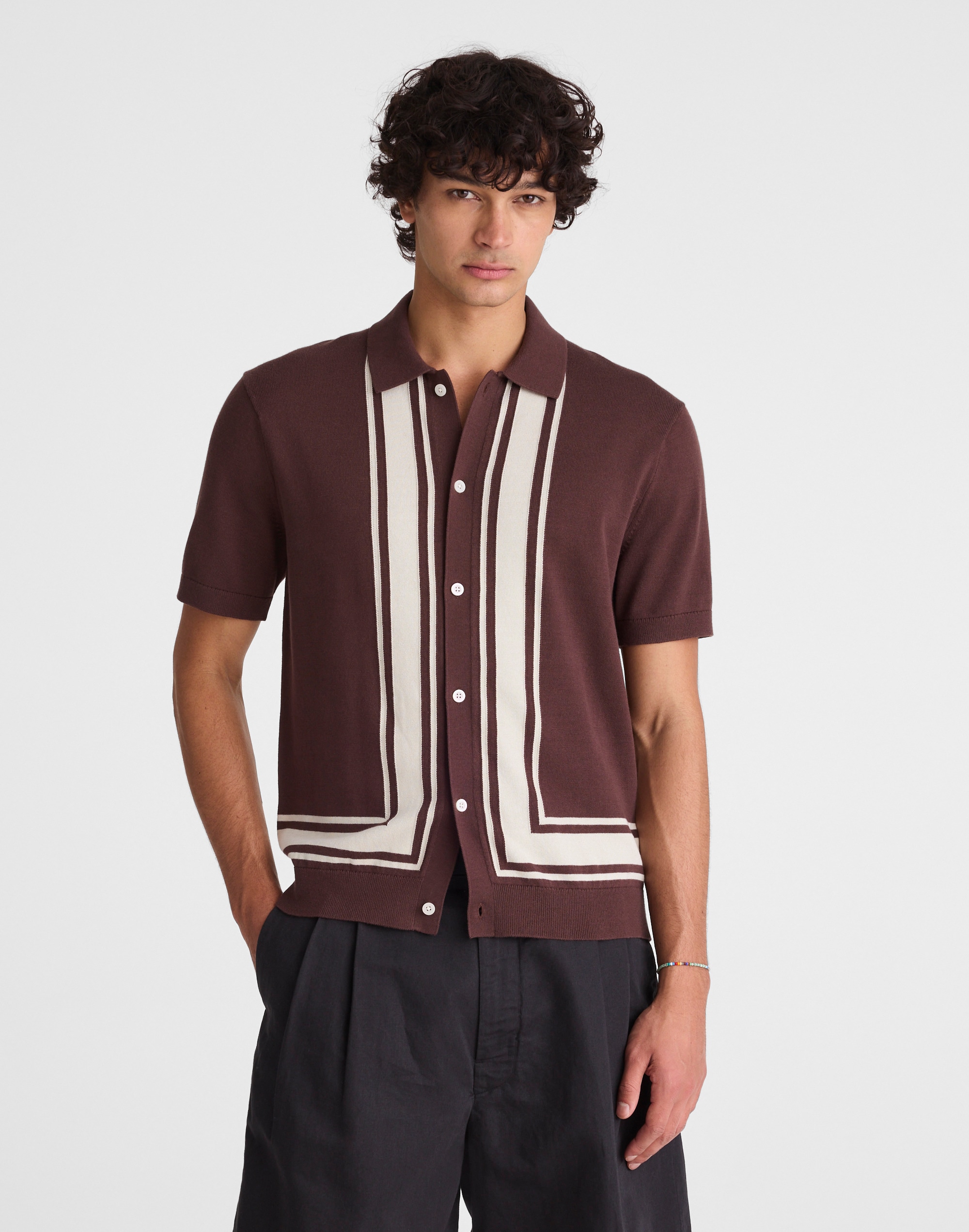 Knit Button-Up Shirt in Border Stripe