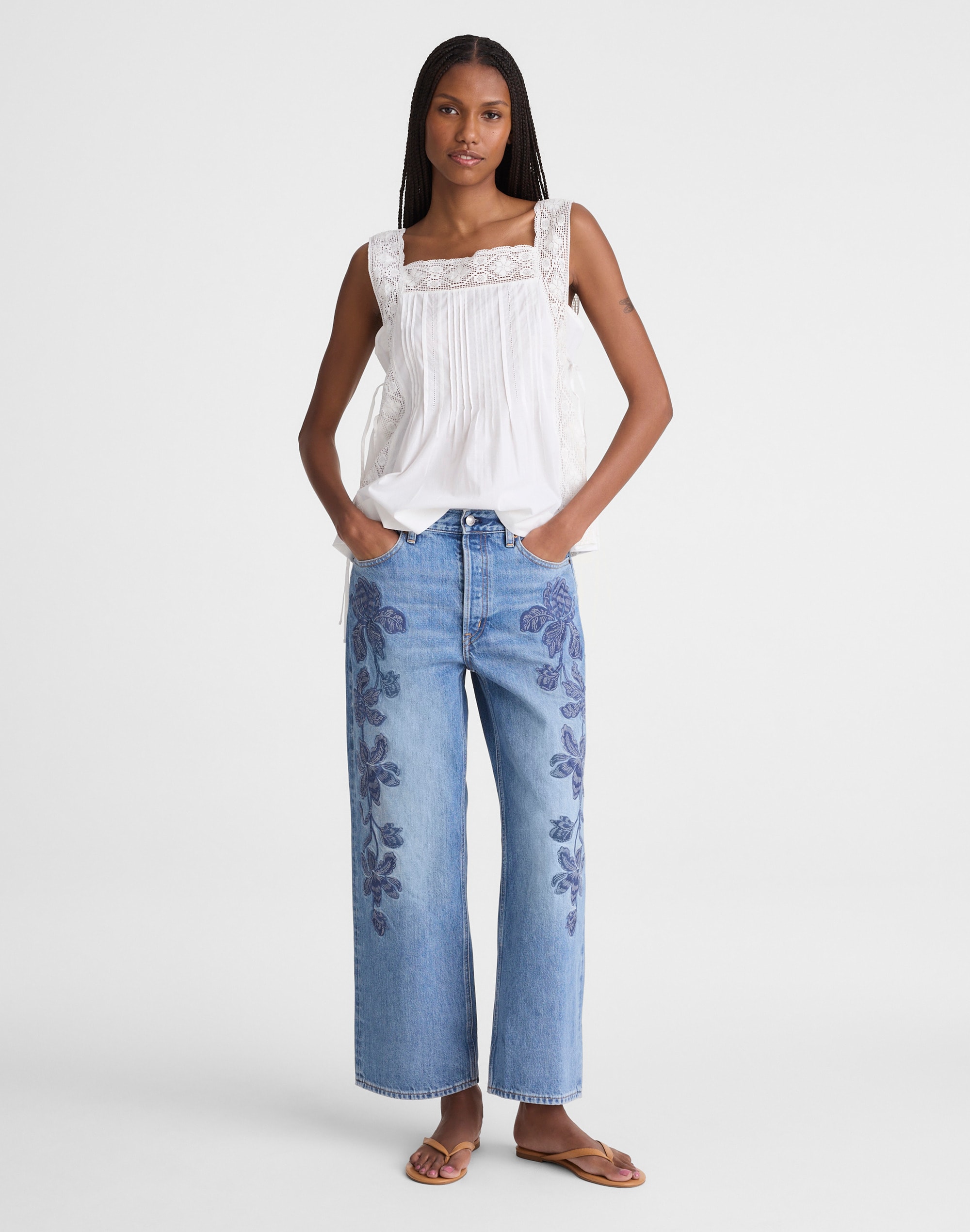 embroidered low-slung baggy crop jeans