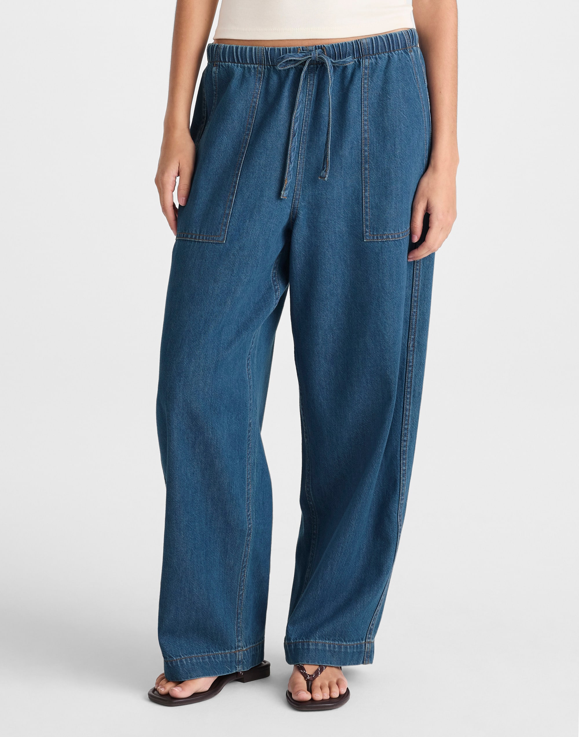Pull-On Barrel-Leg Utility Pants in Airy Denim